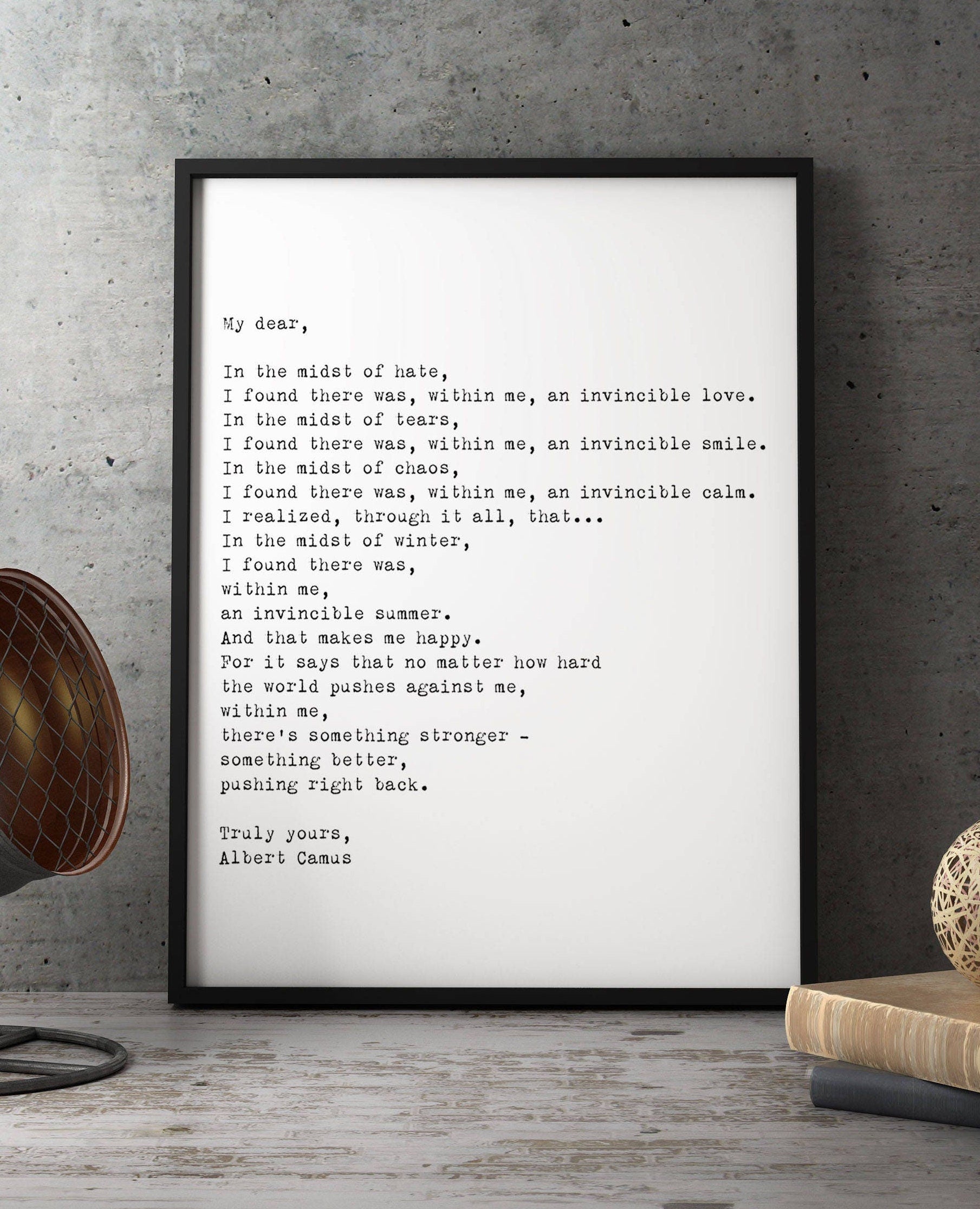 Framed wall art - Albert Camus quote, Framed Art Poster for Bedroom Decor