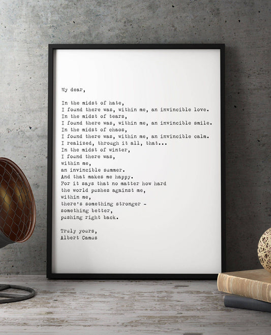 Framed wall art - Albert Camus quote, Framed Art Poster for Bedroom Decor