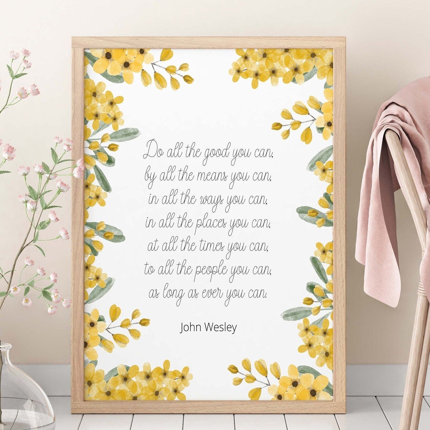 Do All The Good You Can Quote Print in White and Yellow, John Wesley Inspirational Quote Wall Art Print Unframed or Framed Art