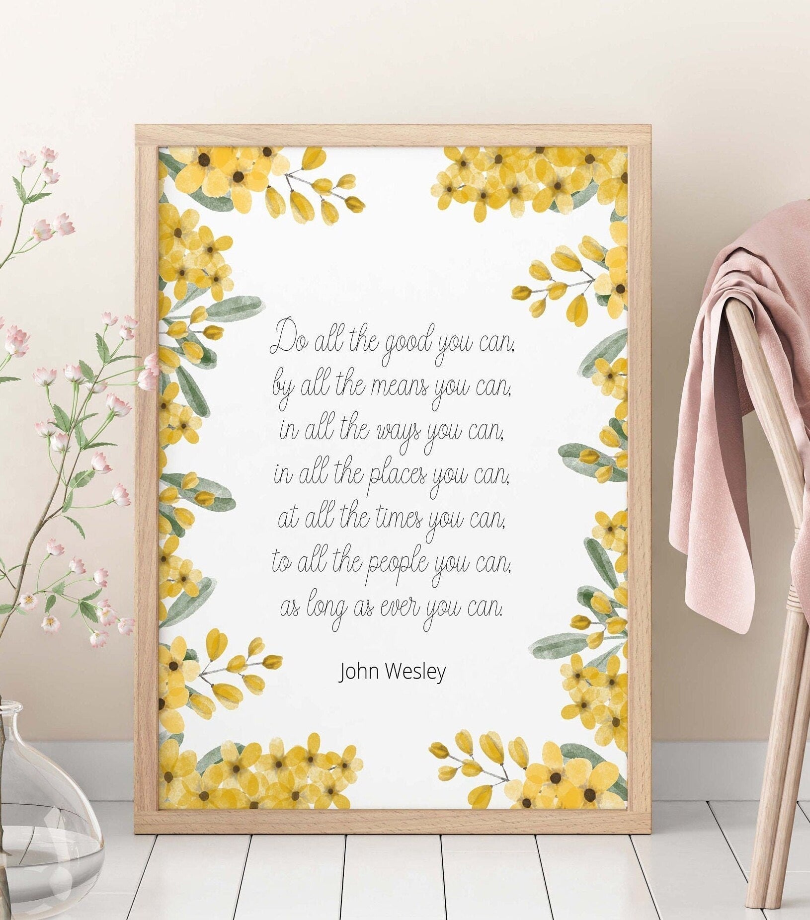 Do All The Good You Can Quote Print in White and Yellow, John Wesley Inspirational Quote Wall Art Print Unframed or Framed Art
