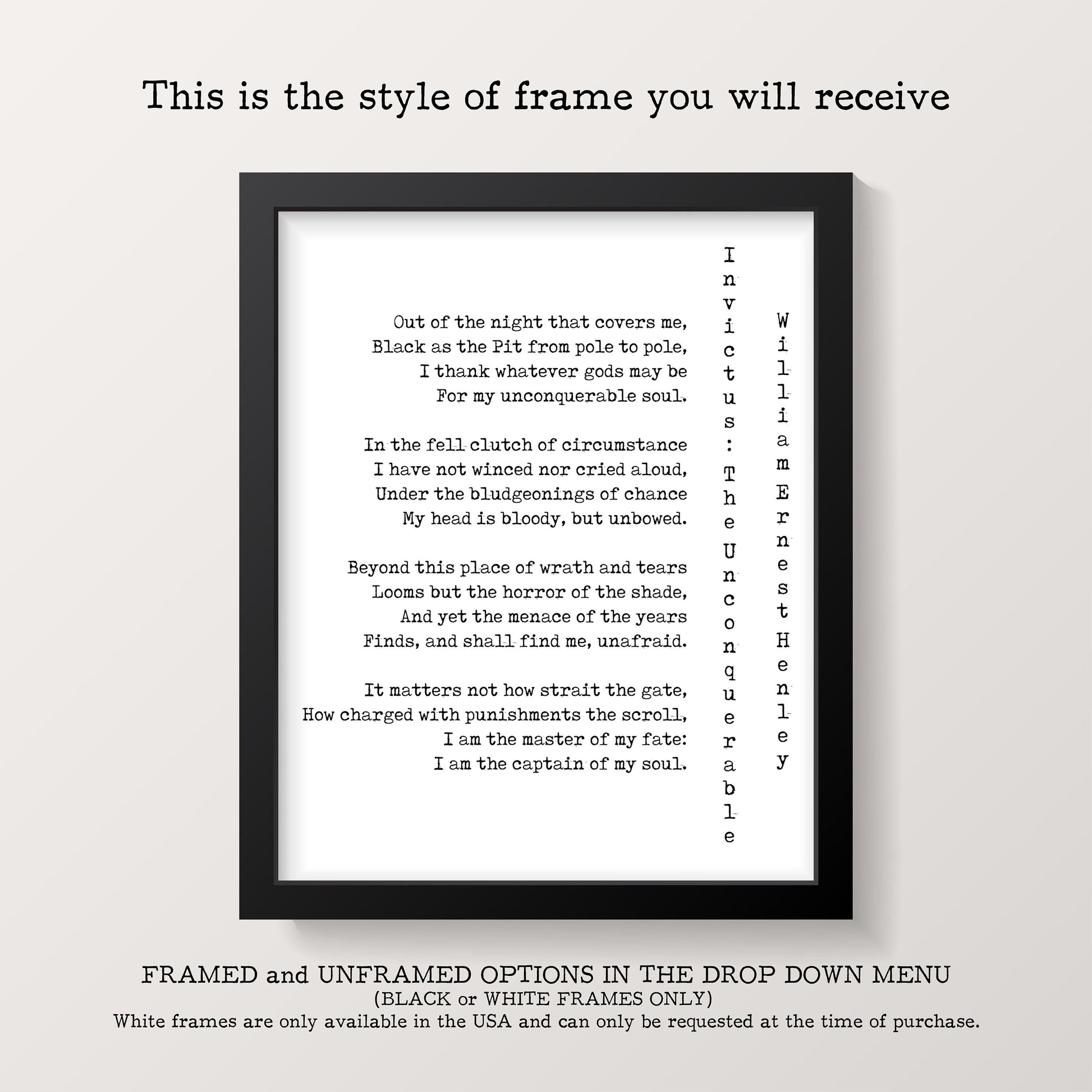 Invictus Poem Print by William Ernest Henley – Minimalist Poetry Wall Art, Motivational Literary Quote Poster