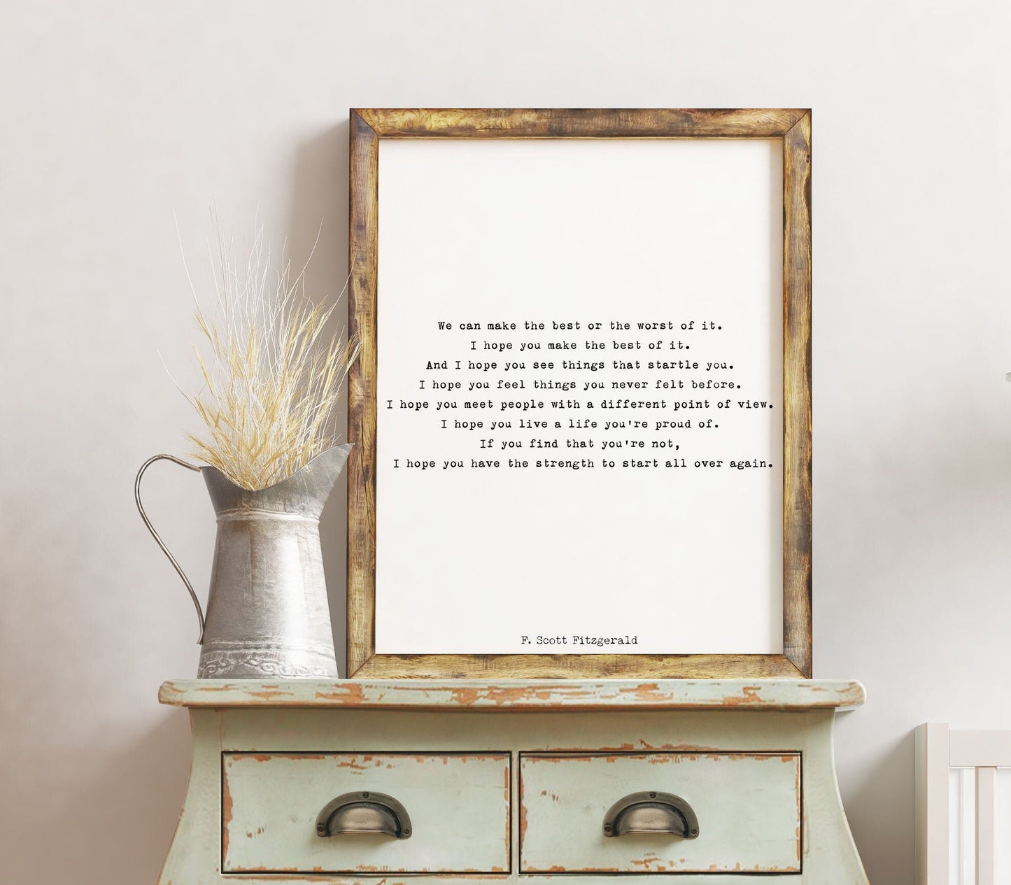 F Scott Fitzgerald Literary Quote Print • Start Over Again Inspirational Poster • Black and White Typewriter Style Wall Art Gift