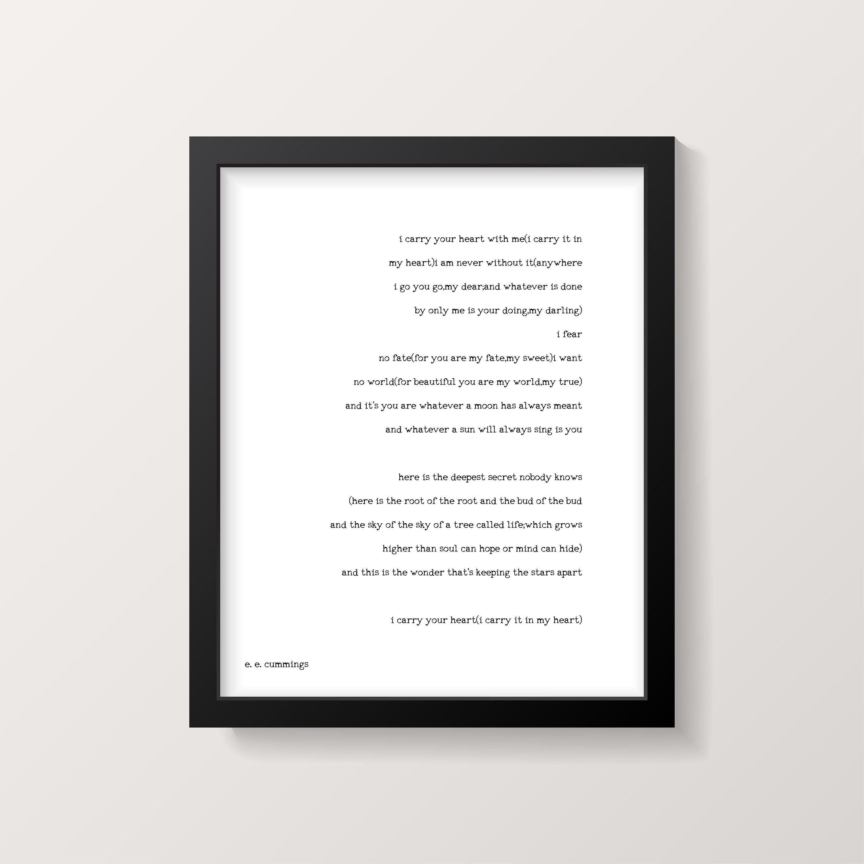 Framed i carry your heart Print - EE Cummings Wall Art Prints, your heart in my heart wall art