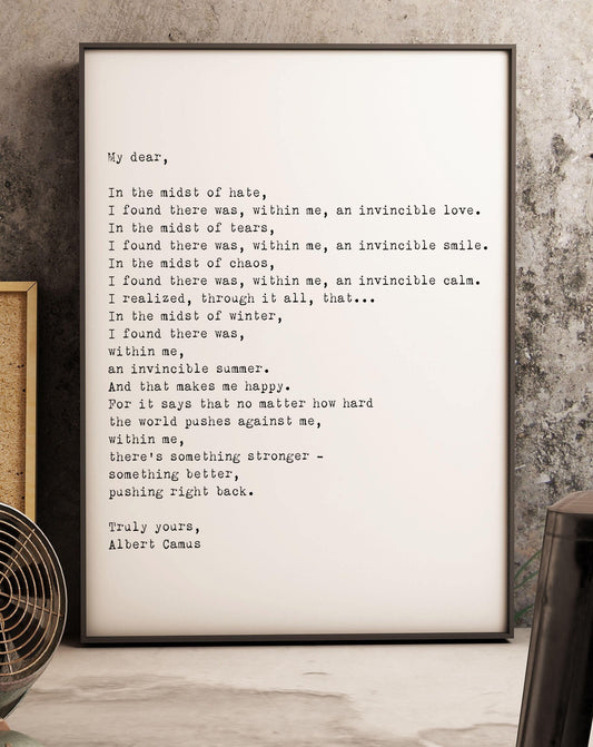 Large Albert Camus Quote Art Print – Invincible Summer Literary Wall Art, Minimalist Philosophy Decor