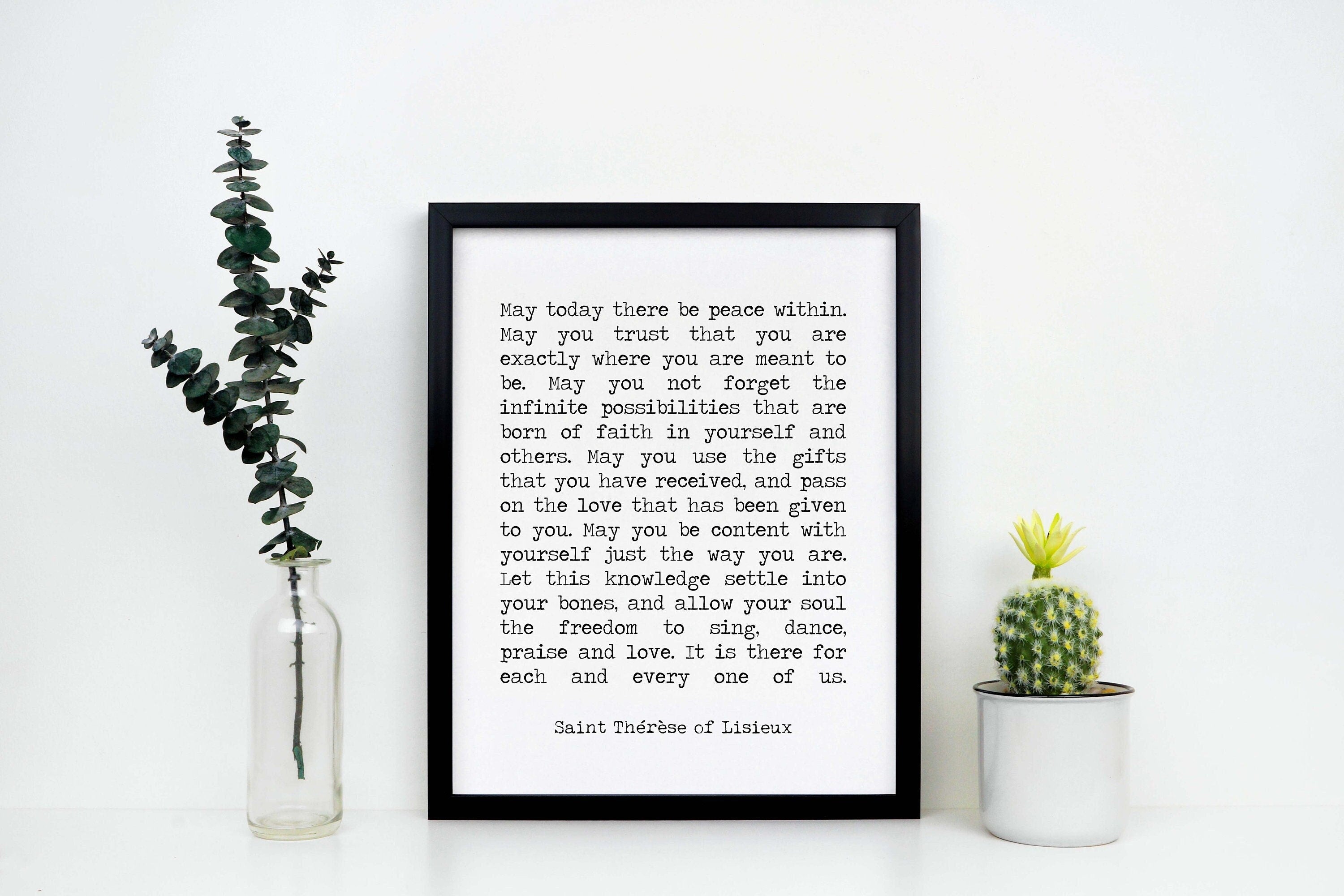 Framed Quote St Therese Of Lisieux Peace Quote Framed Art Print In Black & White, May Today There Be Peace Inspirational Wall Art Prints
