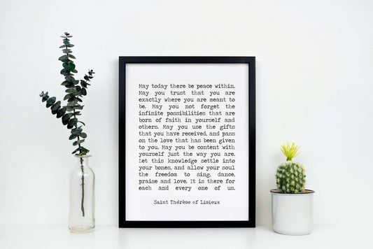 Framed Quote St Therese Of Lisieux Peace Quote Framed Art Print In Black & White, May Today There Be Peace Inspirational Wall Art Prints
