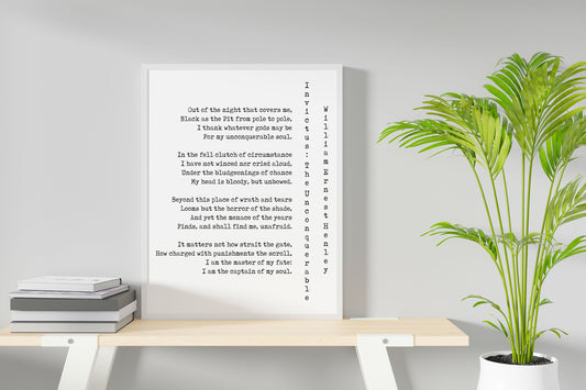 Invictus Poem Print by William Ernest Henley – Minimalist Poetry Wall Art, Motivational Literary Quote Poster