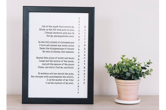 Invictus Poem Print by William Ernest Henley – Minimalist Poetry Wall Art, Motivational Literary Quote Poster