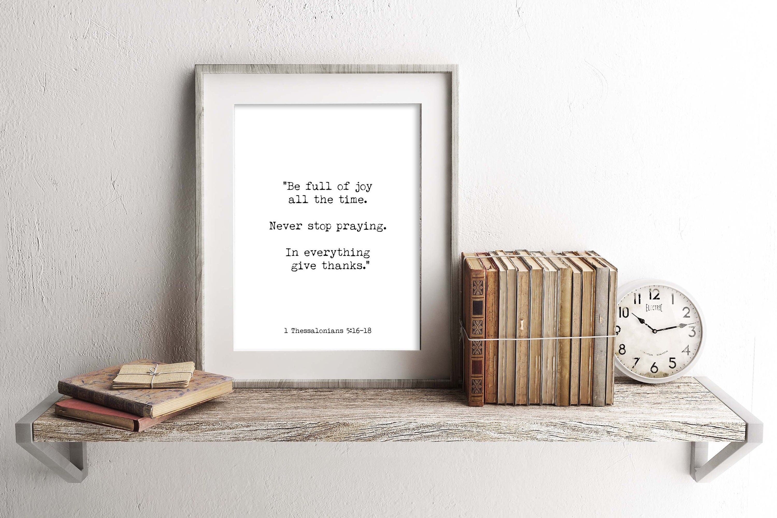 Minimalist Bible verse print 1 Thessalonians 5:16–18 Christian wall art with scripture, gratitude prayer quote faith home decor