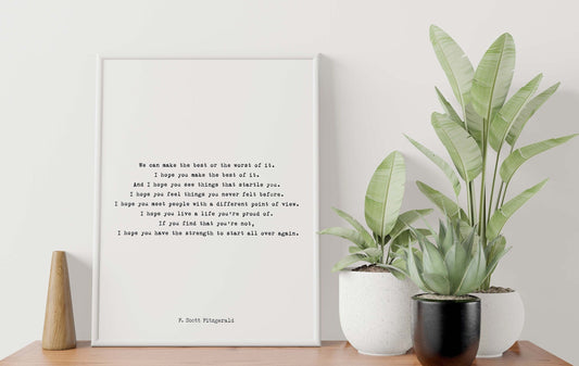 F Scott Fitzgerald Literary Quote Print • Start Over Again Inspirational Poster • Black and White Typewriter Style Wall Art Gift