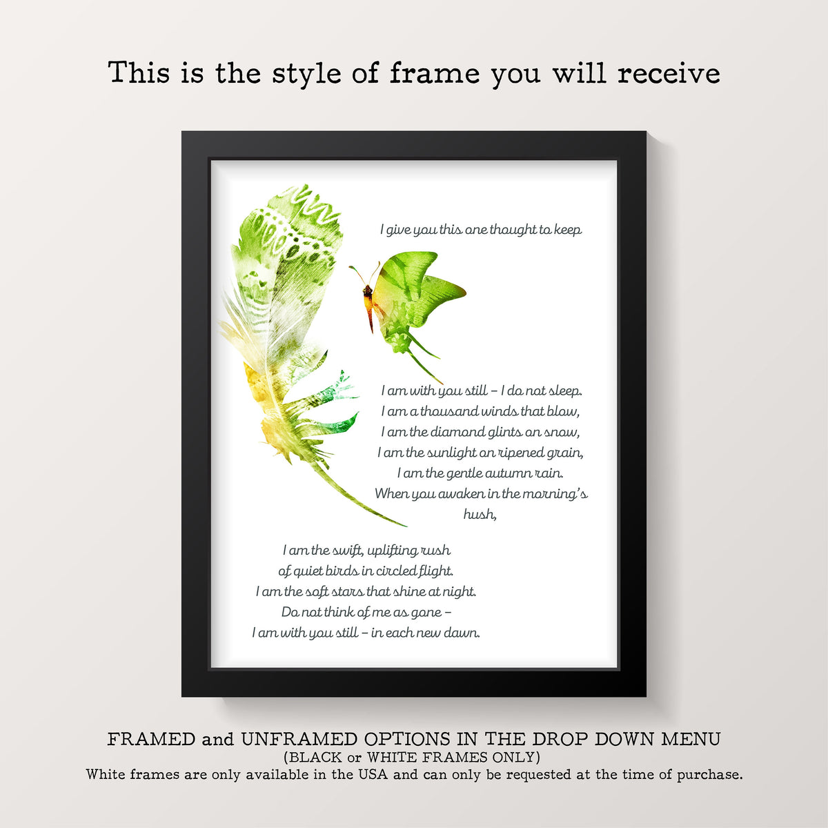 Memorial Poem Print – “I Am With You Still” Butterfly & Feather Wall Art