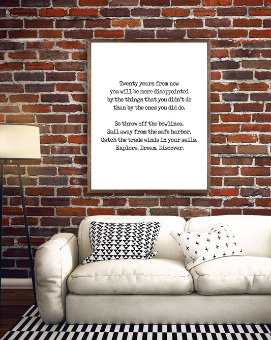 Mark Twain Travel Quote Print, Explore Dream Discover Inspirational Wall Art