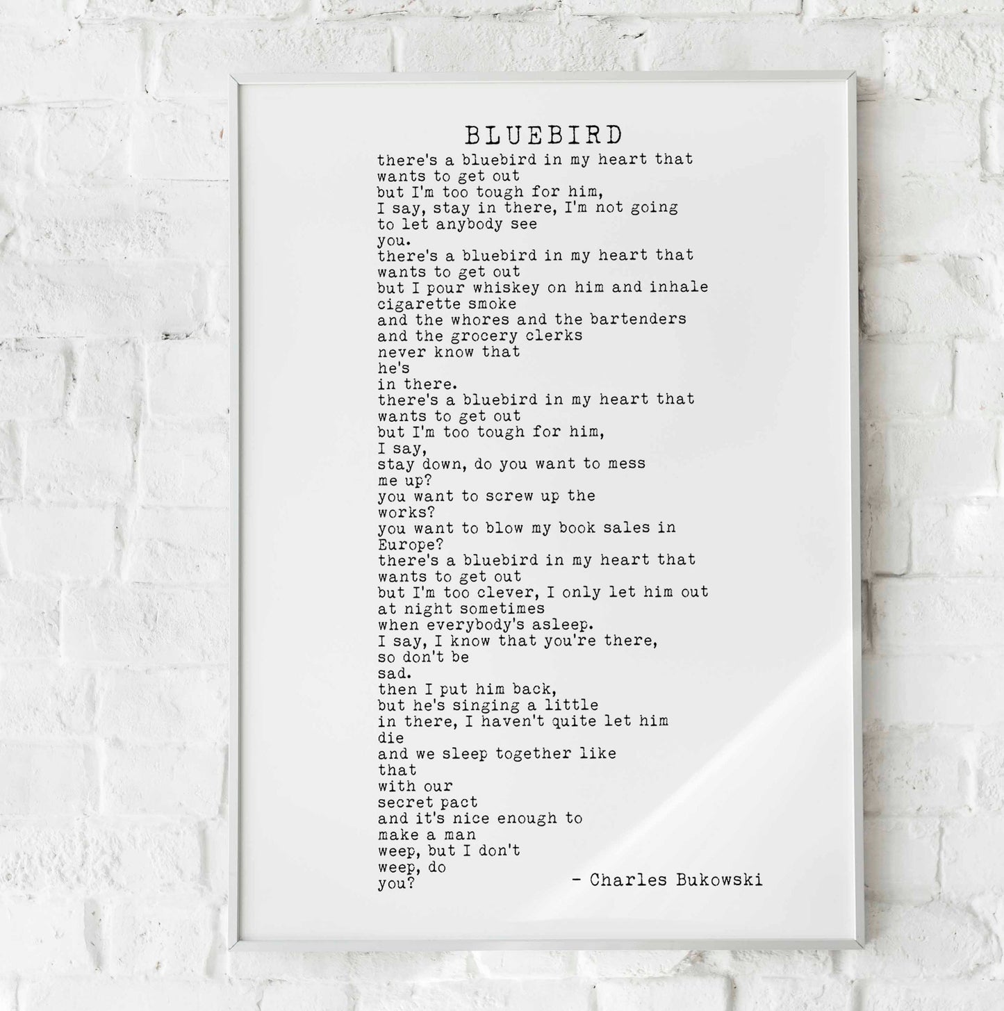 Charles Bukowski BLUEBIRD Poem Print, Minimalist Black & White Background Bukowski Poetry Poster Print