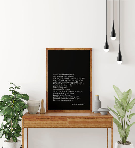 Charles Bukowski I Will Remember the Kisses Poem Print, Minimalist Black & White Bukowski Poetry Poster Print