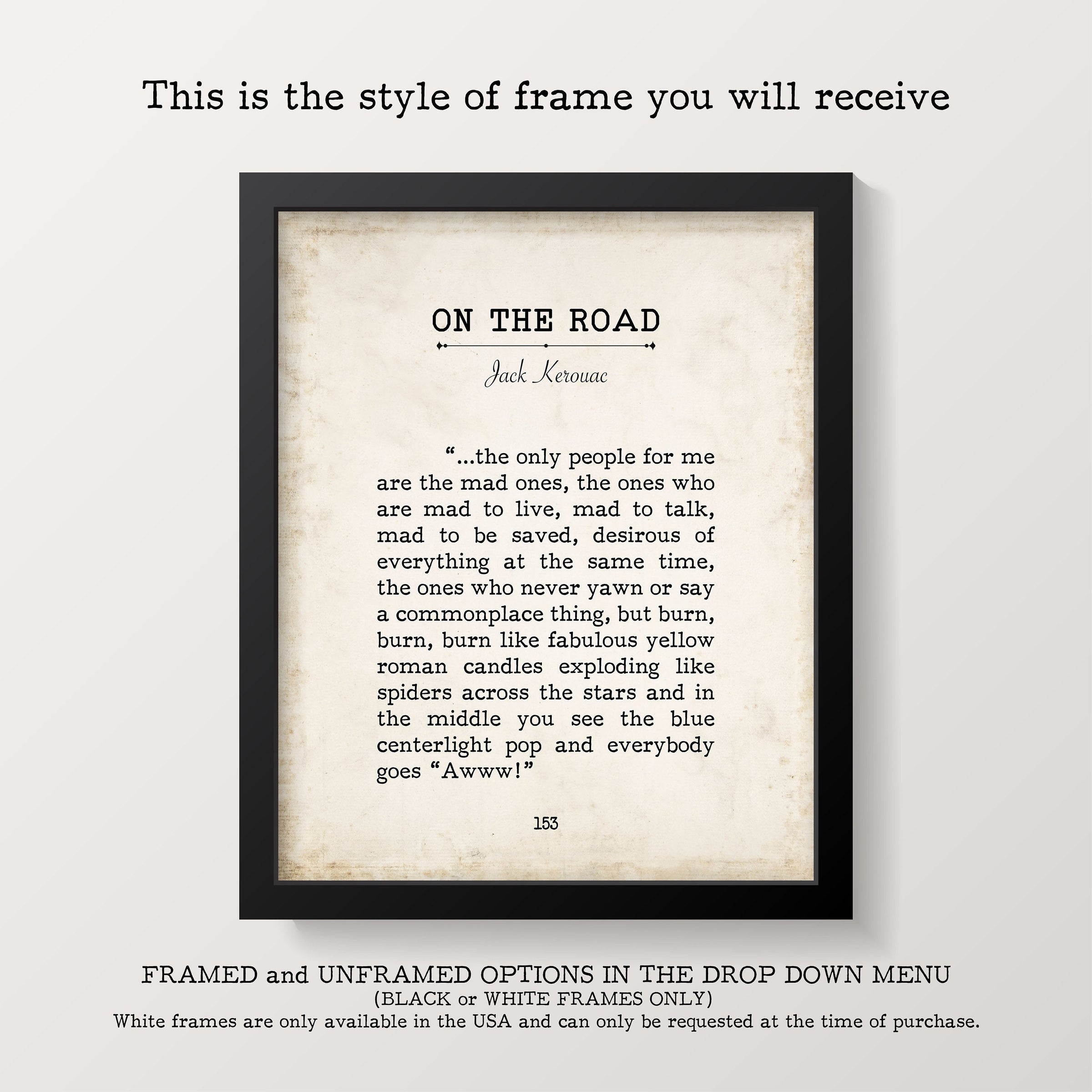 Jack Kerouac The Only People For Me Quote Print, Minimalist Vintage Style Book Page Wall Art Print Framed or Unframed