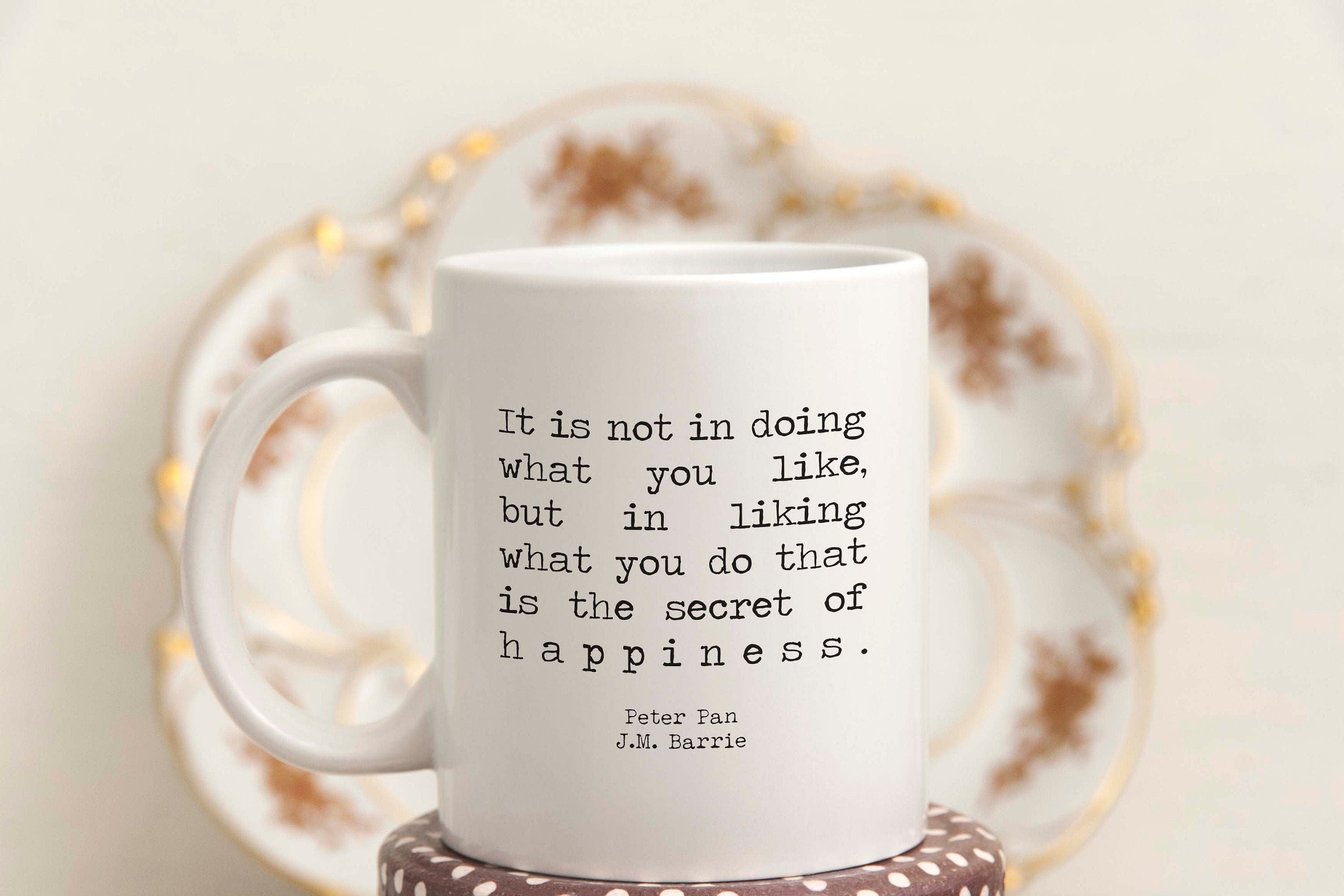 J.M. Barrie Quote Ceramic Mug, Peter Pan "Secret of Happiness," 11oz 15oz