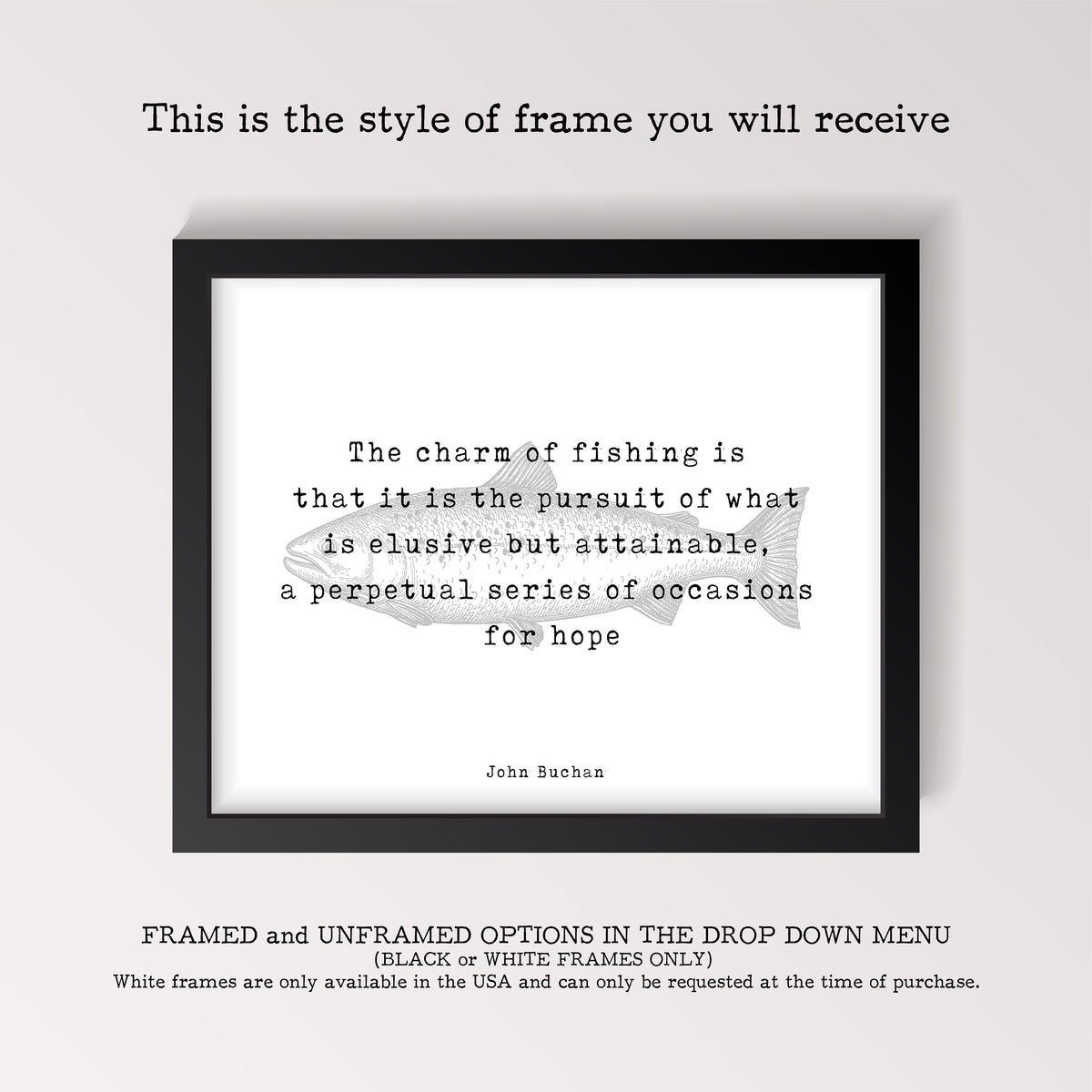 Framed Wall Art Fishing Quote Print by John Buchan, The Charm Of Fishing Wall Art Print for Living Room or Office Decor