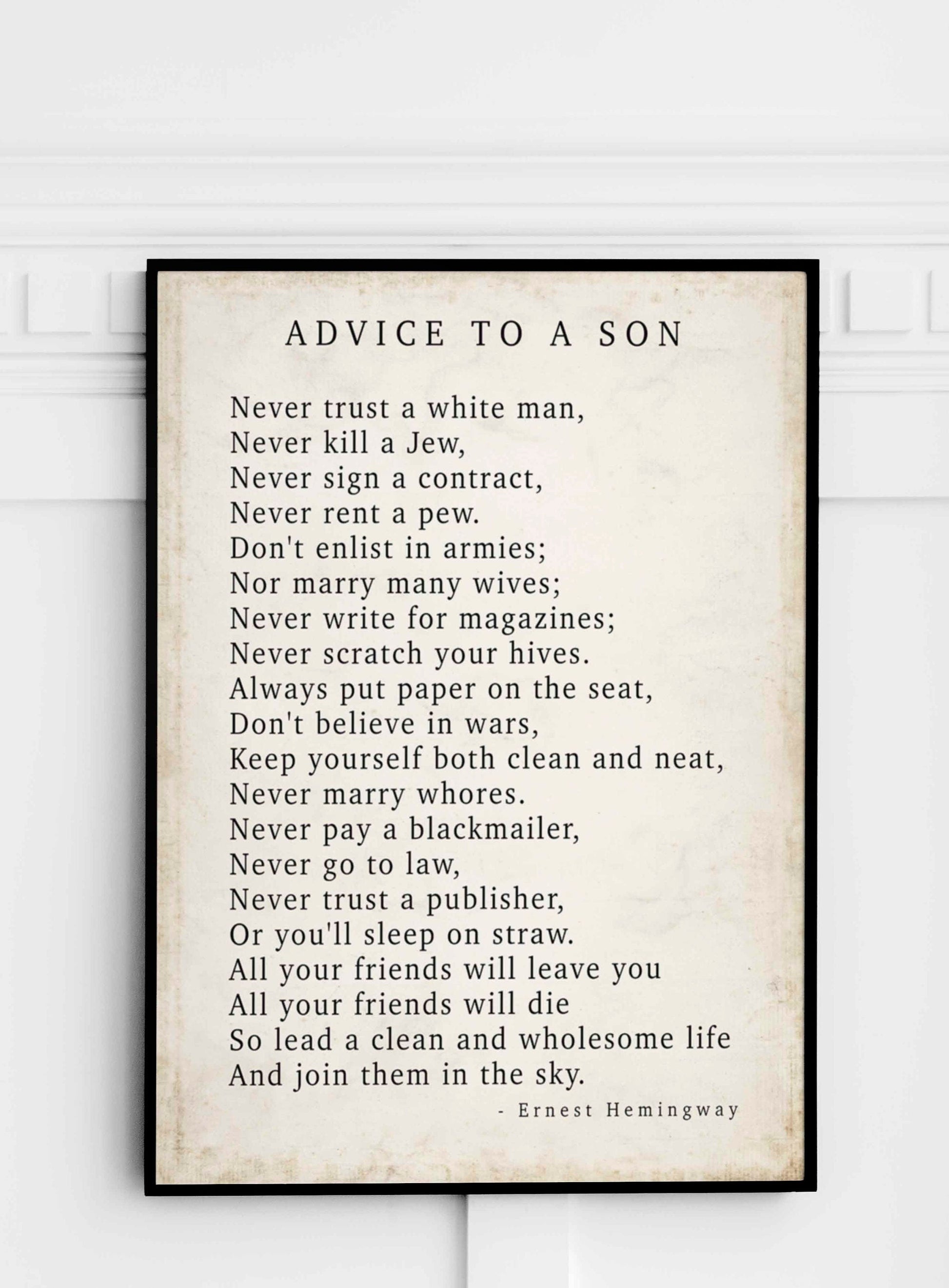 Ernest Hemingway Quote Art Print – Minimalist Literary Wall Decor - Advice to a Son