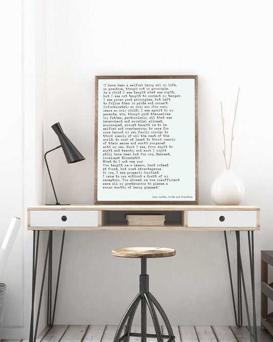 Jane Austen Pride and Prejudice Quote Print | Mr. Darcy Confession Wall Art | Literary Poster | Framed or Unframed Jane Austen Gift
