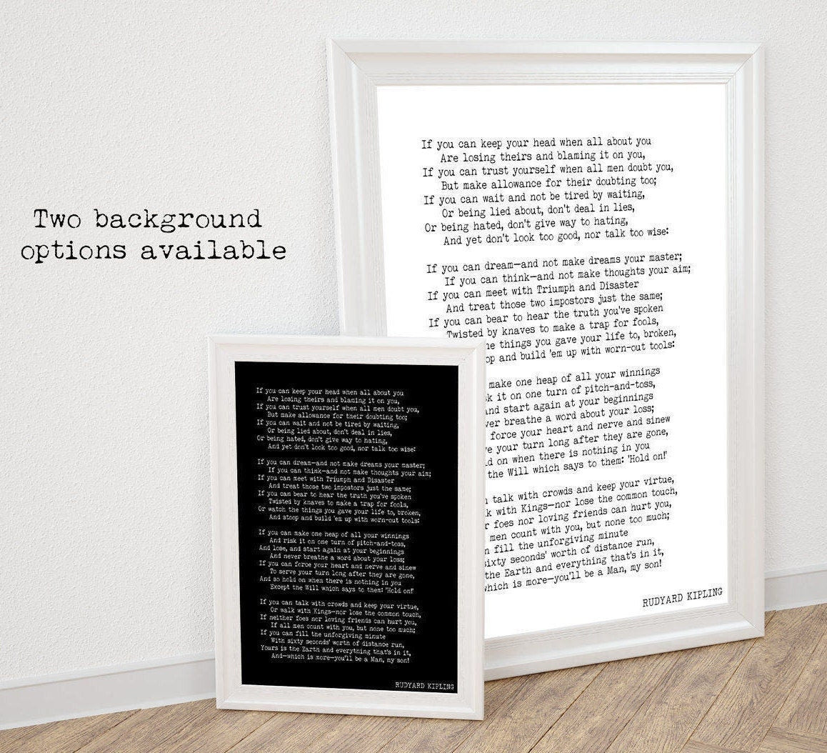 Rudyard Kipling Poem If Print | Black Background Inspirational Poetry Wall Art | Literary Quote Poster for Office or Home