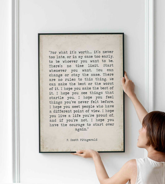 F Scott Fitzgerald For What It's Worth Quote Inspirational Print Gift, Vintage page Typography Quote Print Unframed or Framed Art