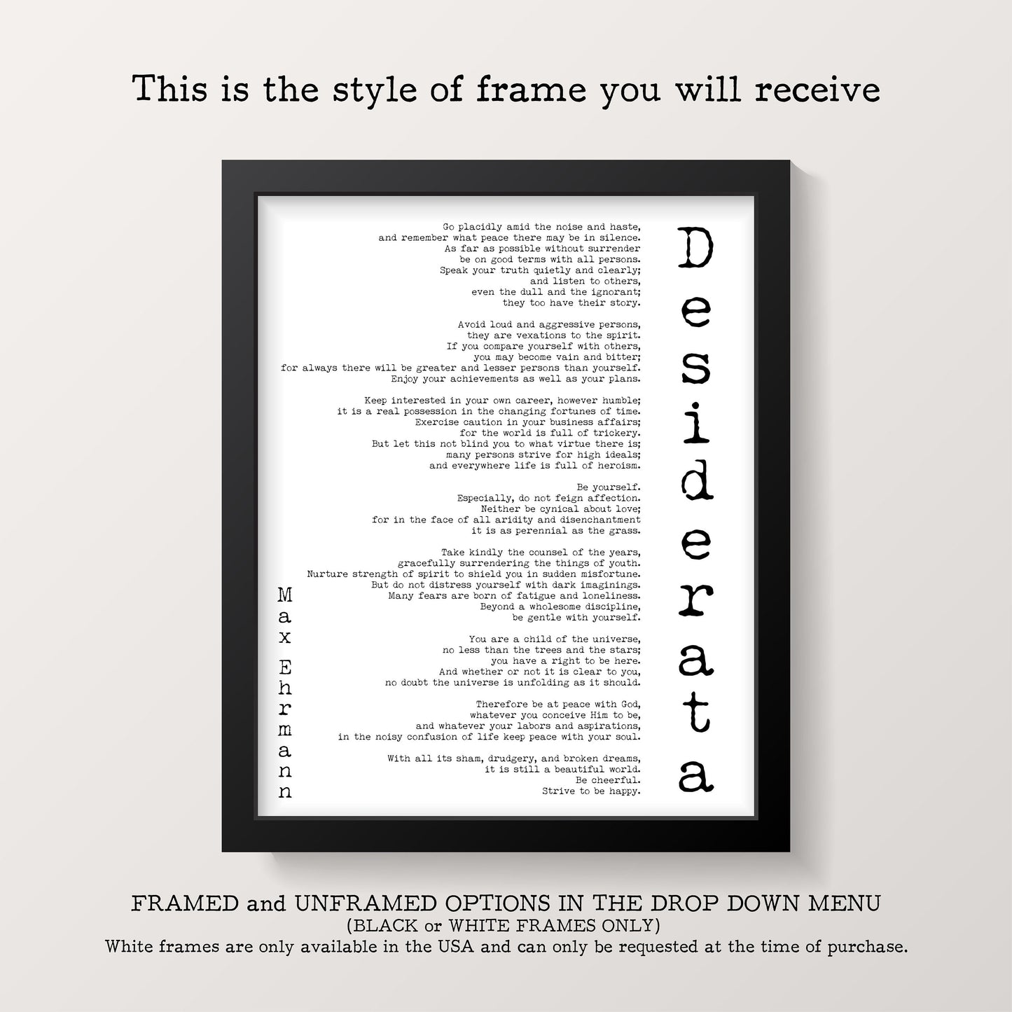 Desiderata Print - Minimalist Literary Max Ehrmann Art - Unframed & Framed