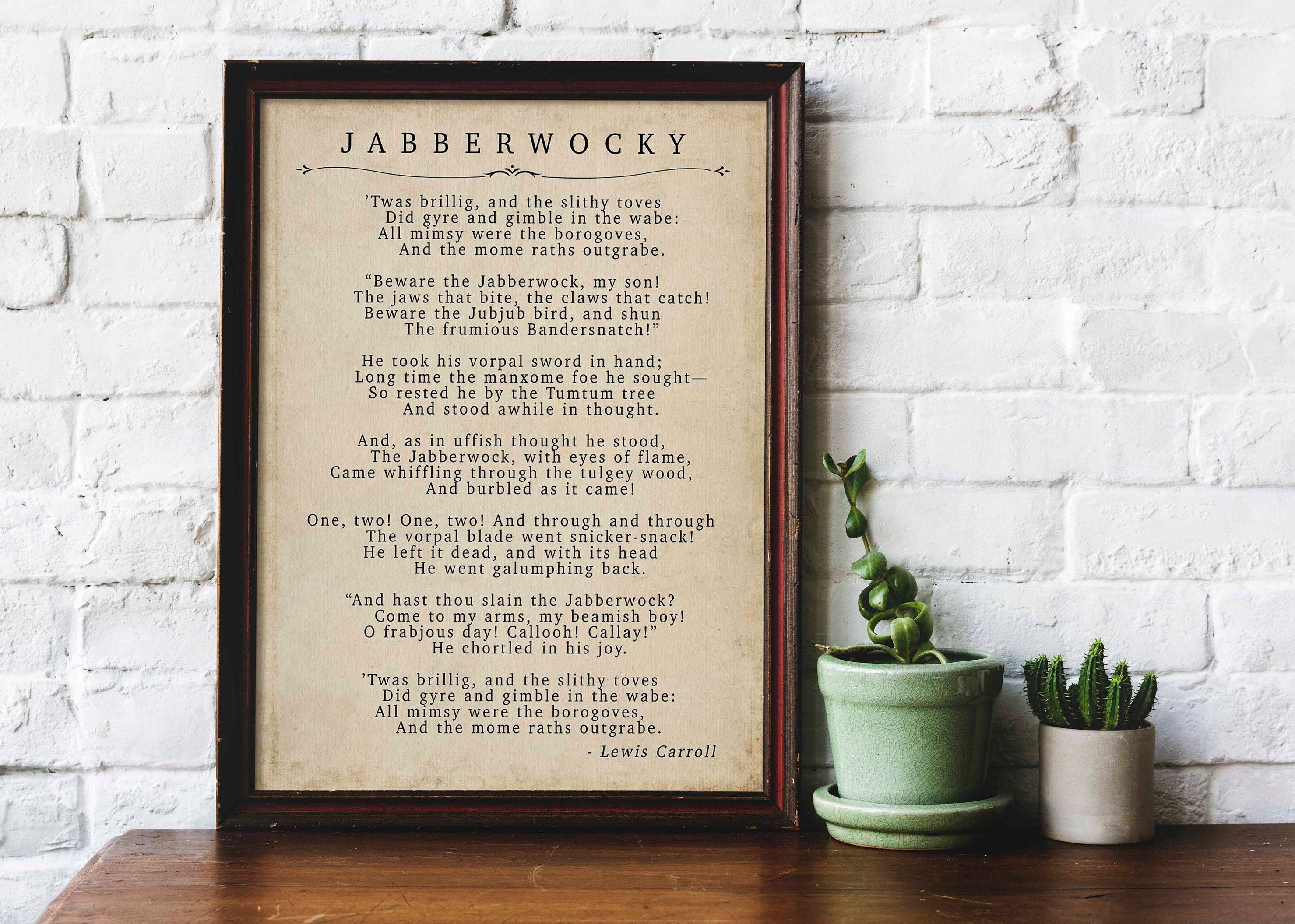 Jabberwocky - Lewis Caroll Poetry Print in Vintage Style Unframed and Framed Art