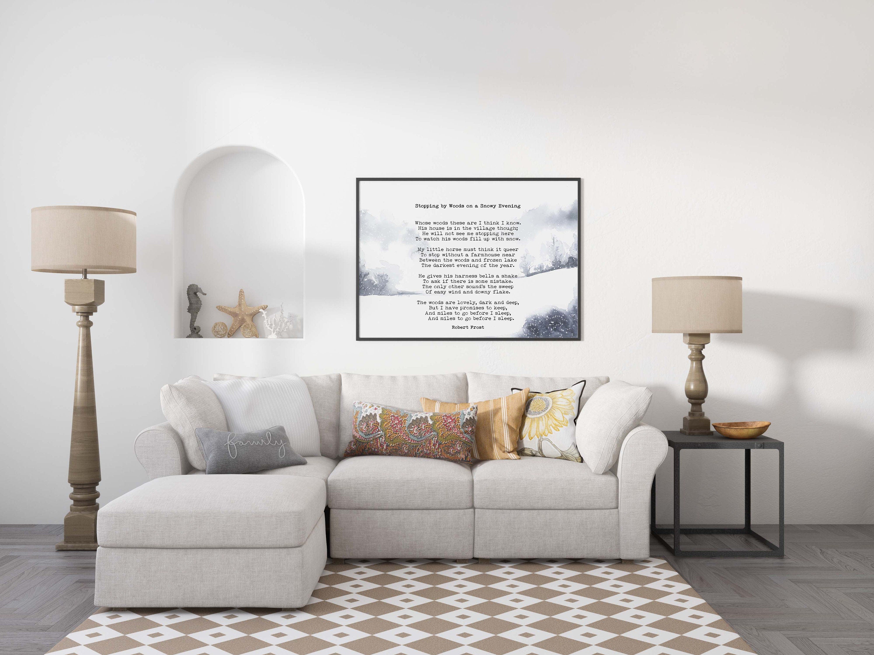 Stopping by Woods on a Snowy Evening Robert Frost Wall Art Print with Watercolour Landscape for Living Room Wall Art, Unframed or Framed