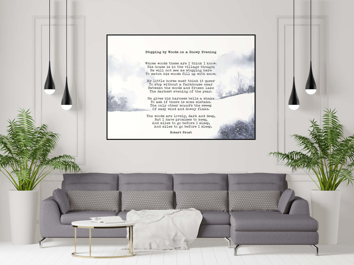 Stopping by the Woods on a Snowy Evening Robert Frost Wall Art Print with Watercolour Landscape for Living Room Wall Art, Unframed or Framed