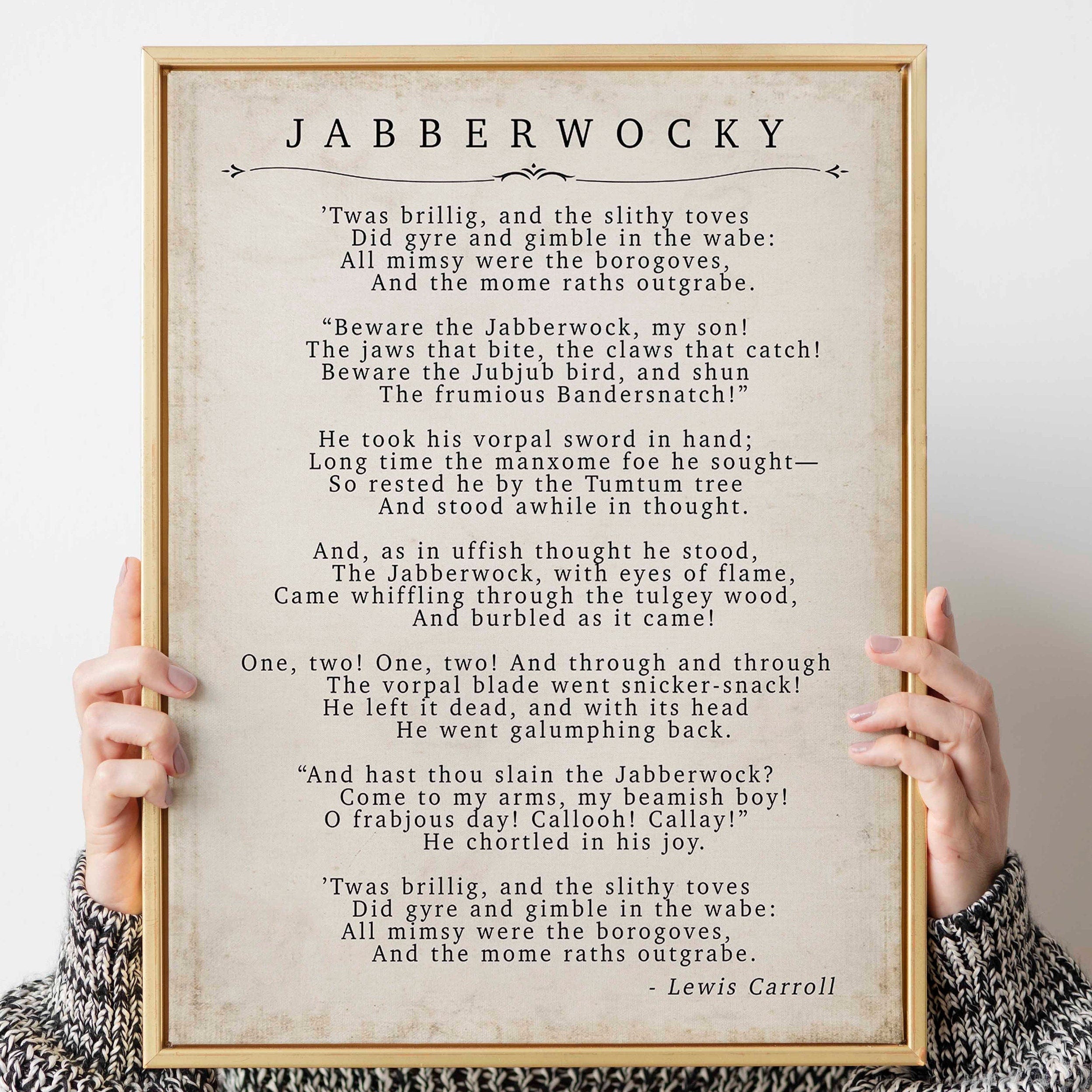 Jabberwocky - Lewis Caroll Poetry Print in Vintage Style Unframed and Framed Art