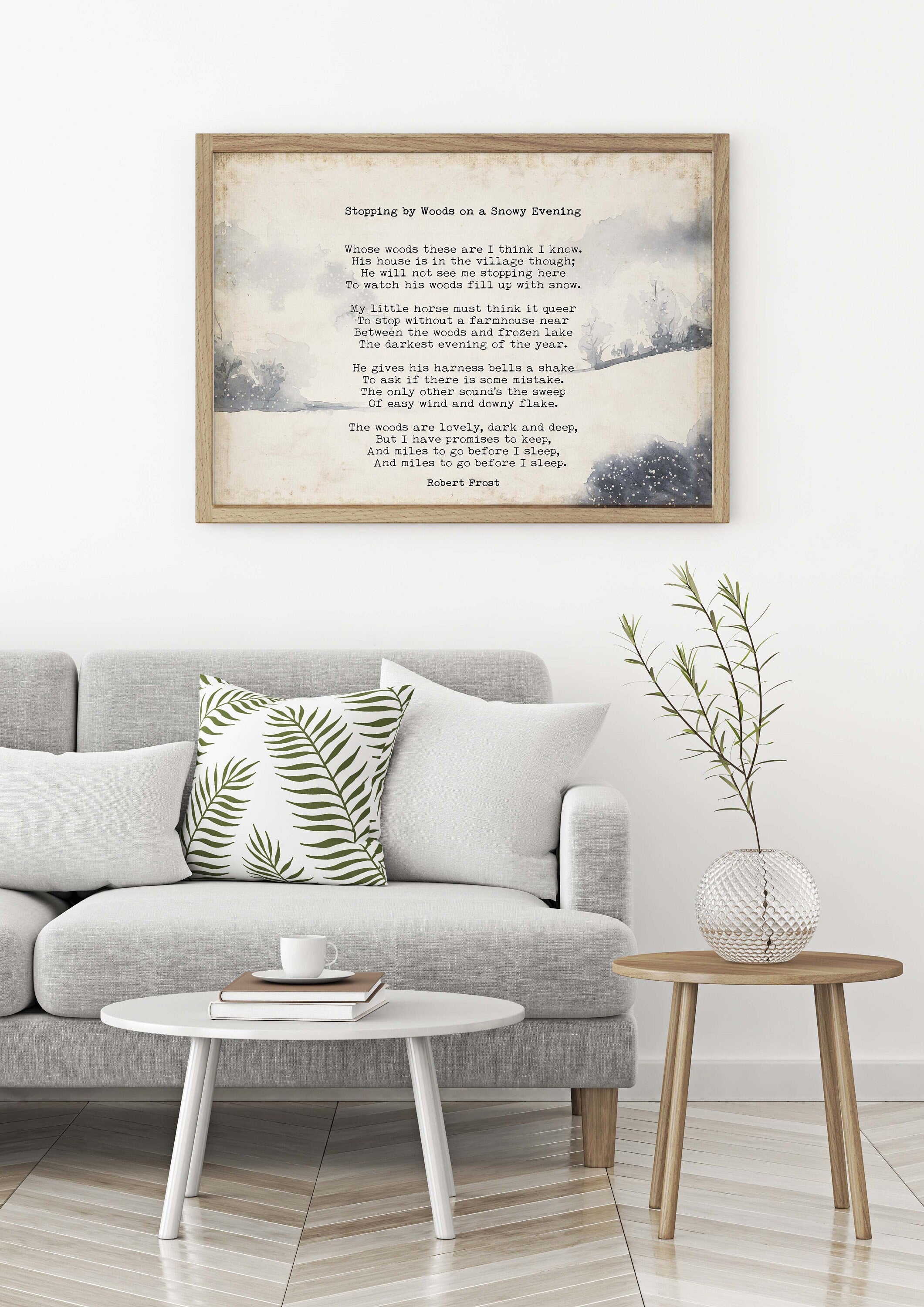 Stopping by the Woods on a Snowy Evening Robert Frost Wall Art Print with Watercolour Landscape for Living Room Wall Art, Unframed or Framed