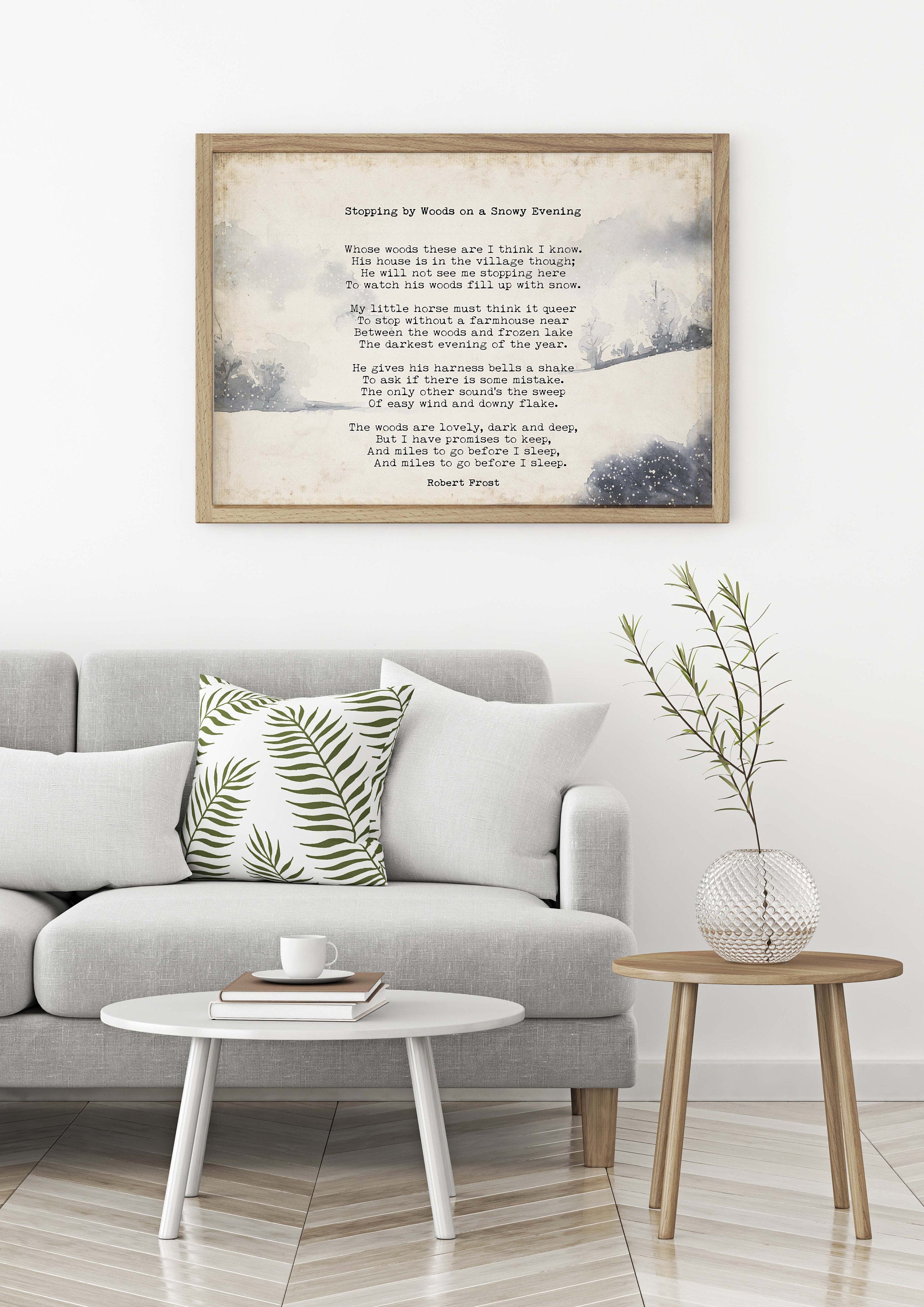 Stopping by Woods on a Snowy Evening Robert Frost Wall Art Print with Watercolour Landscape for Living Room Wall Art, Unframed or Framed