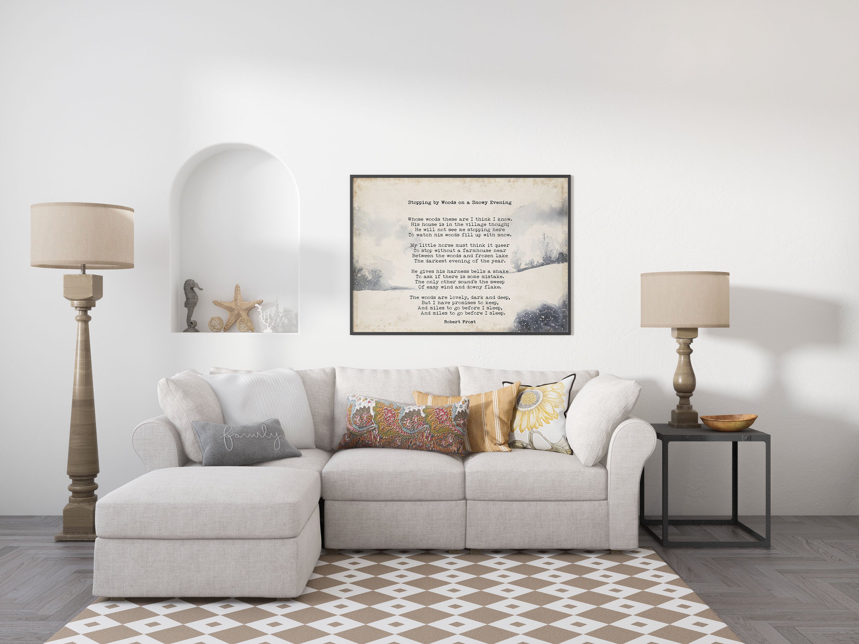 Stopping by Woods on a Snowy Evening Robert Frost Wall Art Print with Watercolour Landscape for Living Room Wall Art, Unframed or Framed