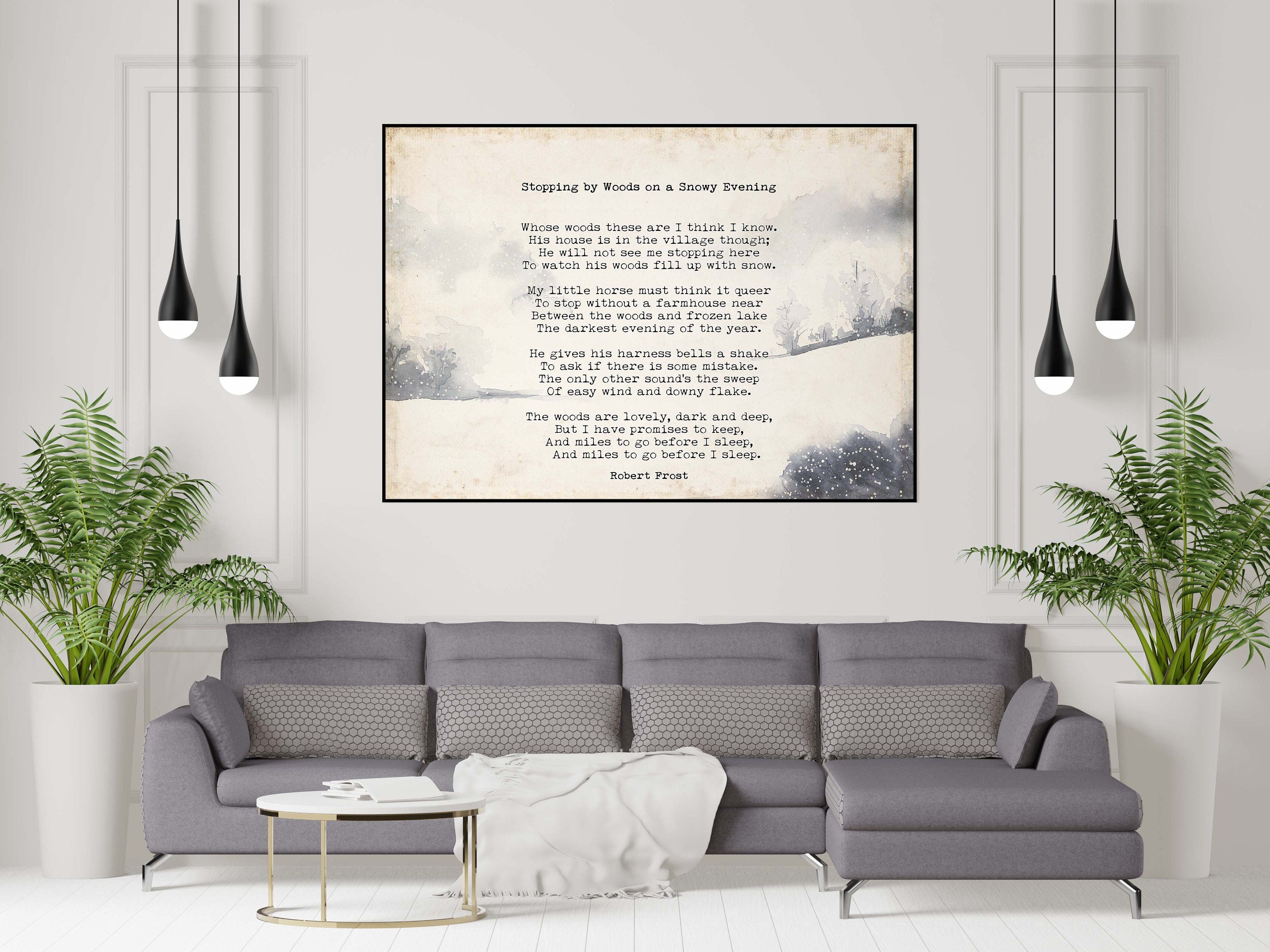 Stopping by Woods on a Snowy Evening Robert Frost Wall Art Print with Watercolour Landscape for Living Room Wall Art, Unframed or Framed