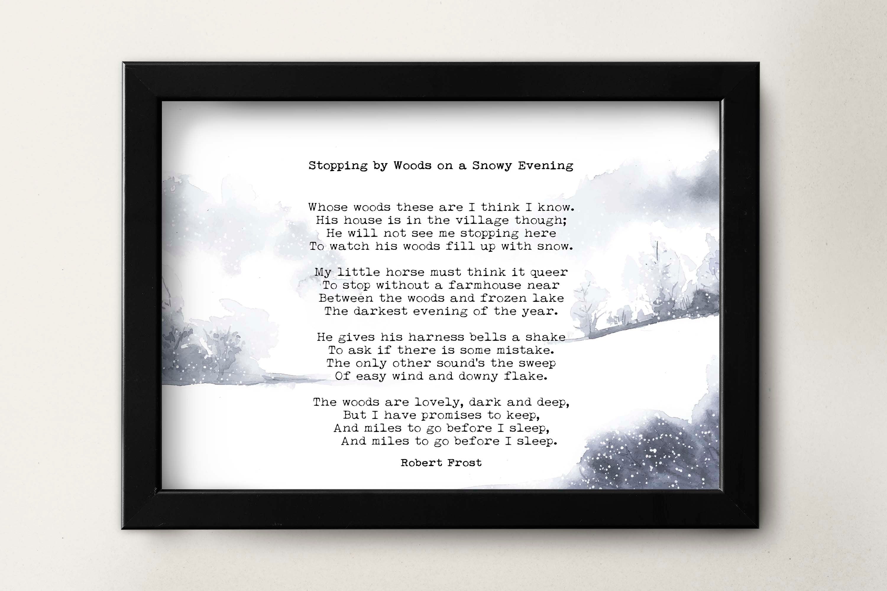 Stopping by the Woods on a Snowy Evening Robert Frost Wall Art Print with Watercolour Landscape for Living Room Wall Art, Unframed or Framed