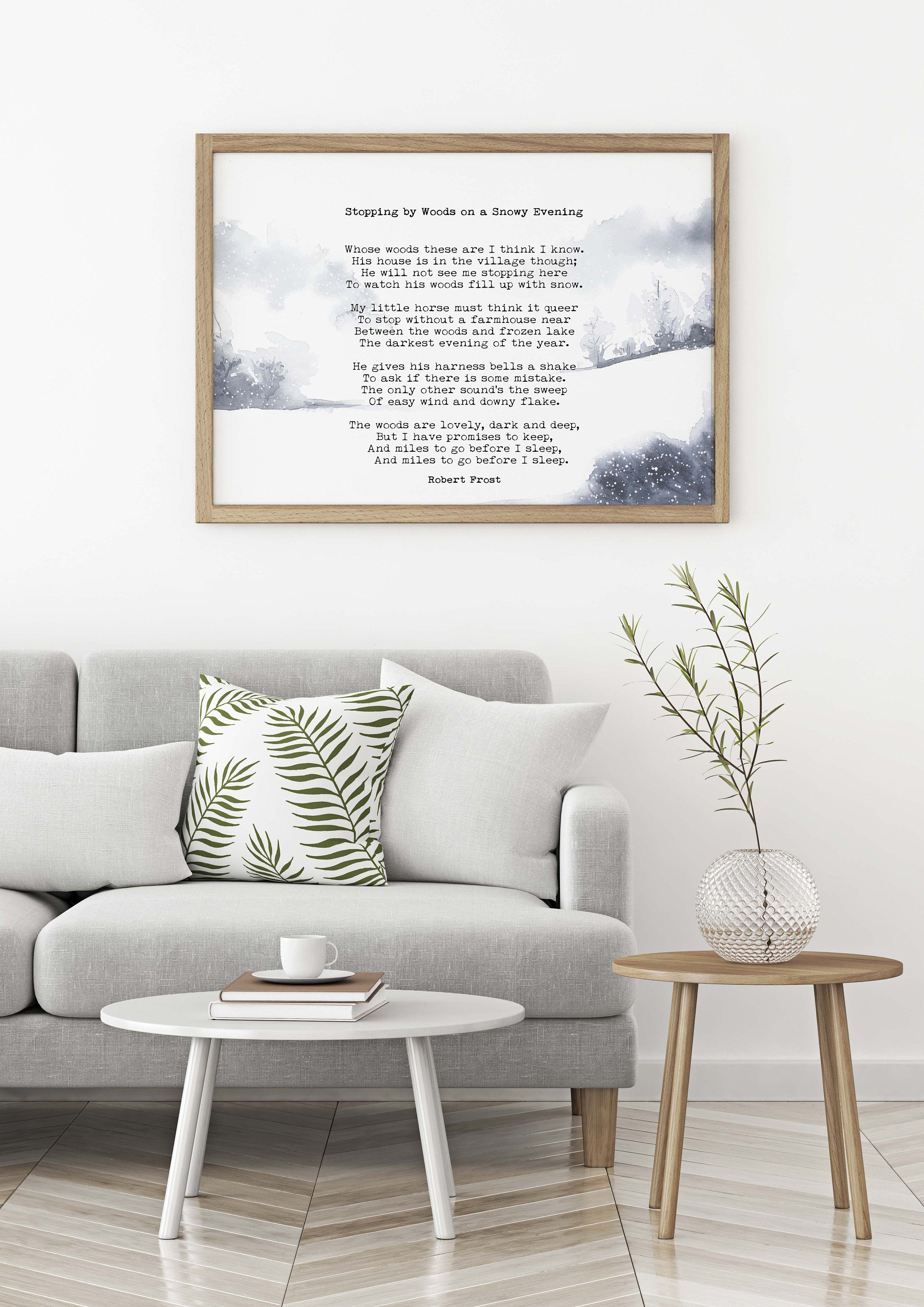 Stopping by Woods on a Snowy Evening Robert Frost Wall Art Print with Watercolour Landscape for Living Room Wall Art, Unframed or Framed