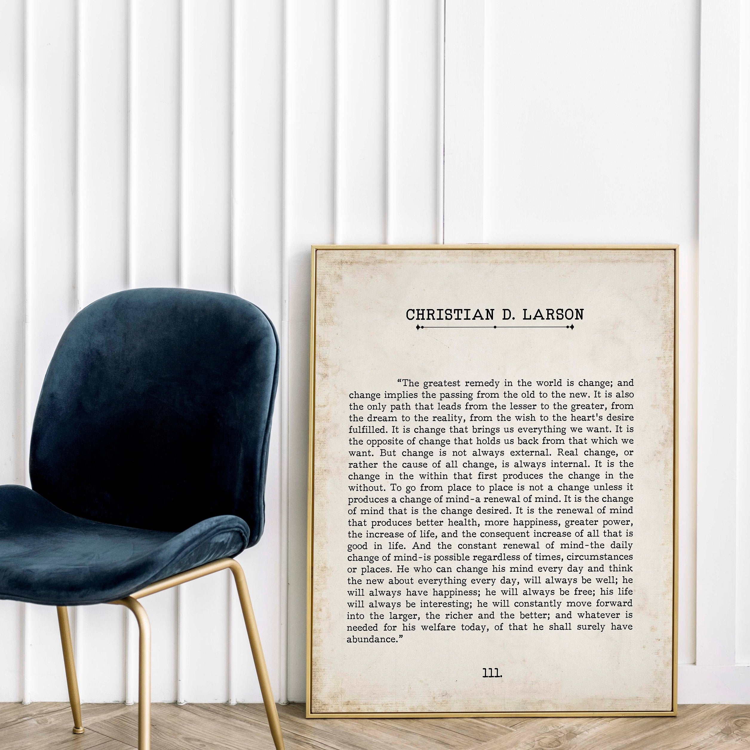 Christian D. Larson Change Quote Book Page Inspirational Wall Art, The Greatest Remedy In The World Is Change Vintage Style Print Wall Decor