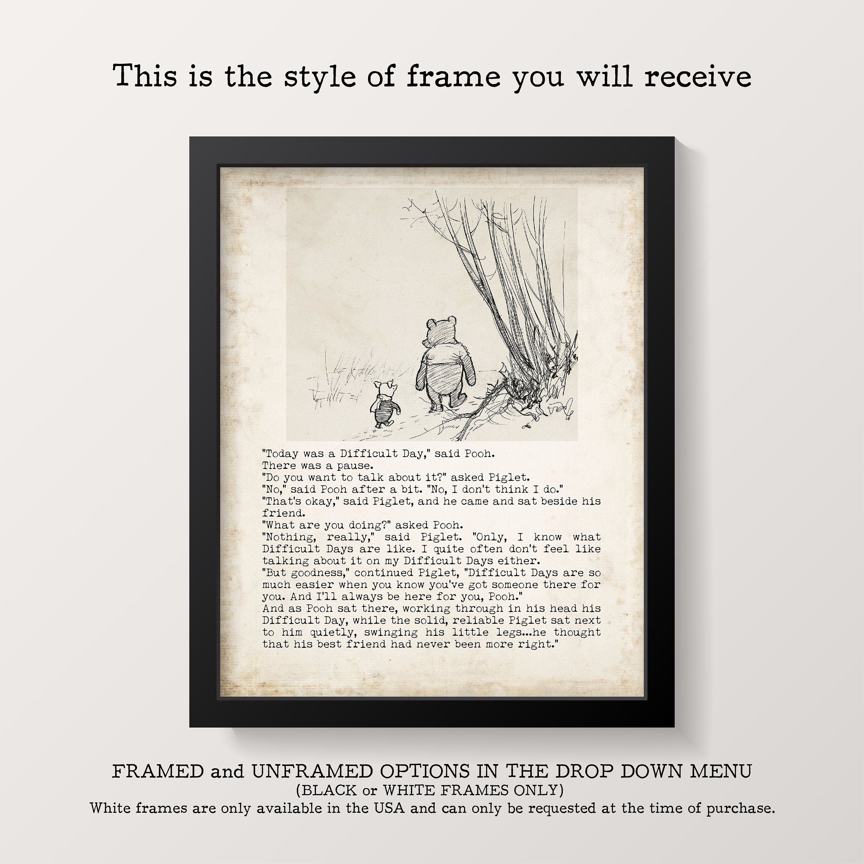 Difficult Days Winnie the Pooh Quote Unframed or Framed Nursery Wall Art Prints in Vintage Style with Pooh & Piglet Drawing, AA Milne