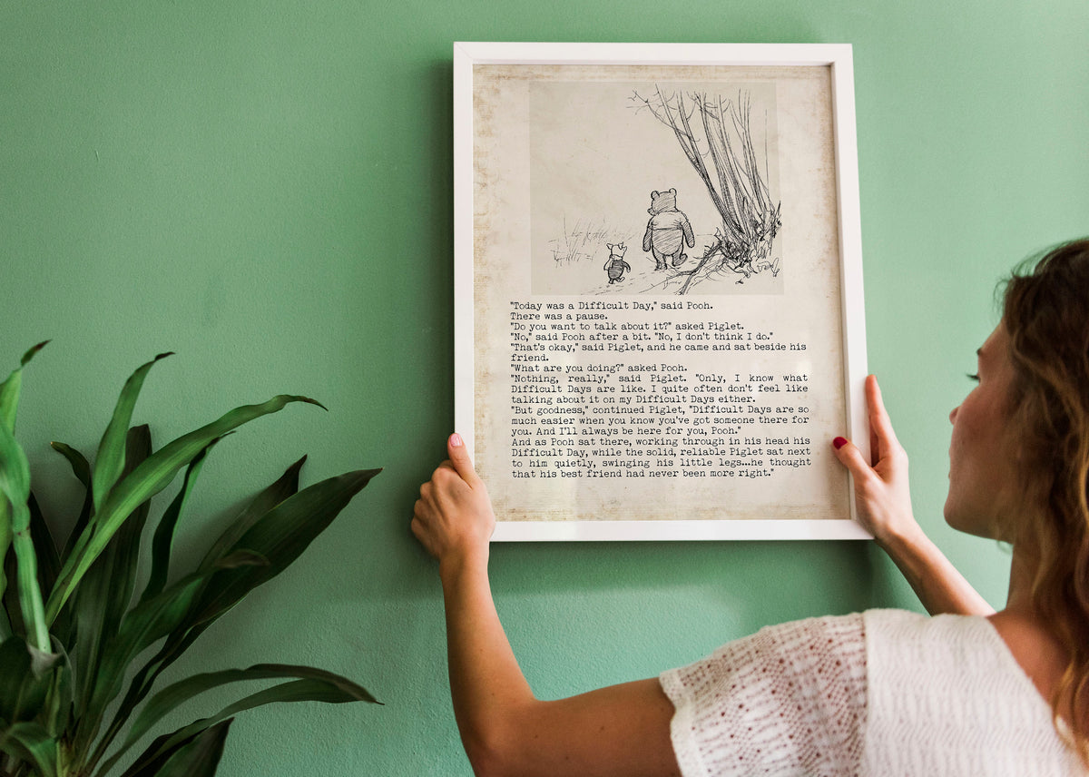 Difficult Days Winnie the Pooh Quote Unframed or Framed Nursery Wall Art Prints in Vintage Style with Pooh & Piglet Drawing, AA Milne