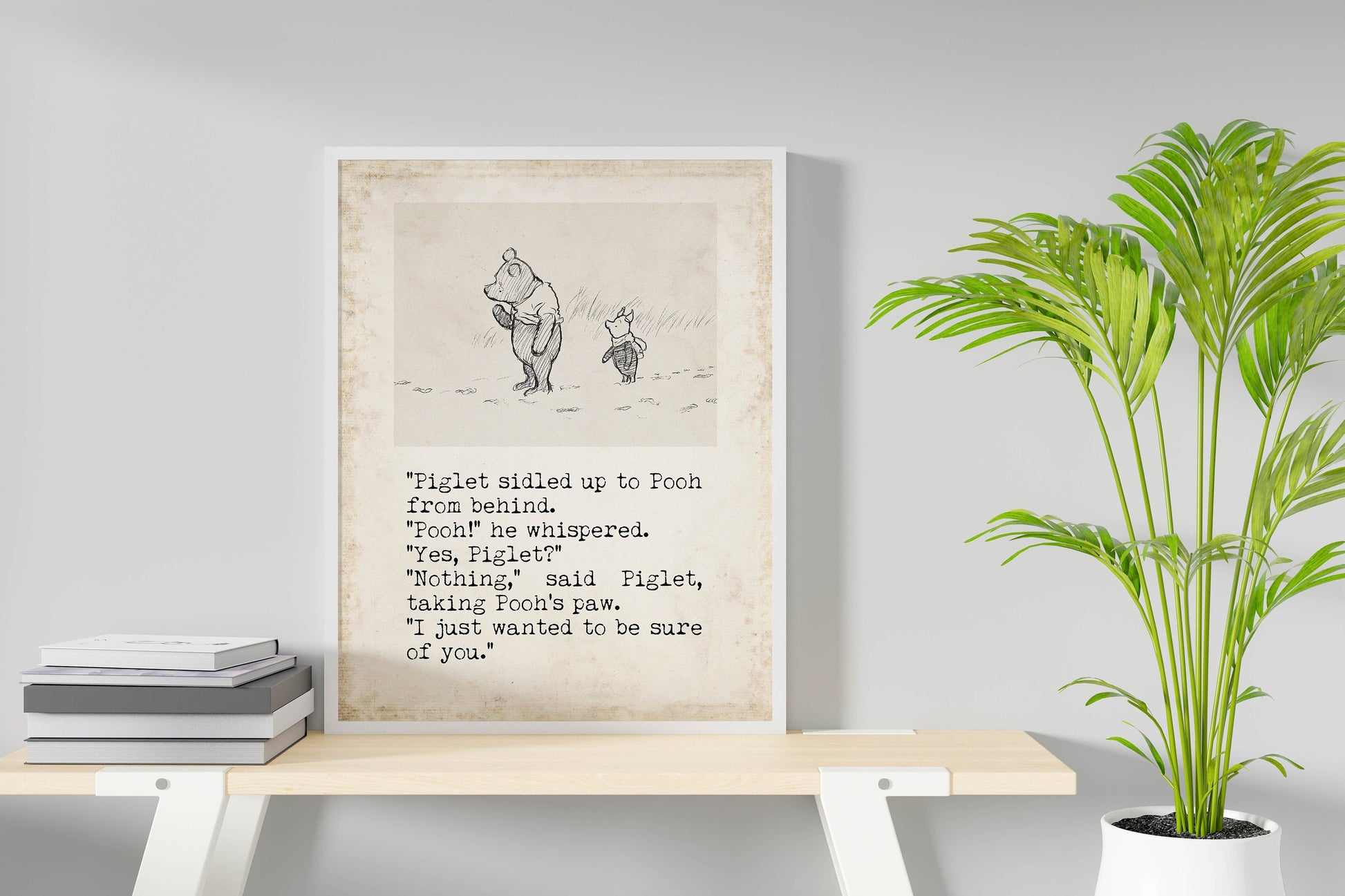 The House at Pooh Corner Winnie the Pooh Quote Unframed or Framed Nursery Wall Art Prints in Vintage Style with Pooh & Piglet Drawing