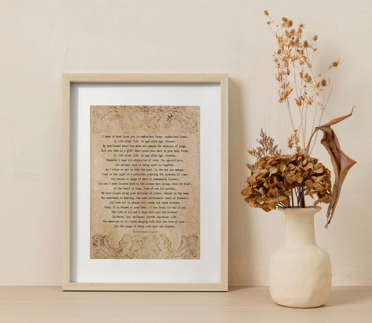Vintage Tagore Love Poem Print – Eternal Romance Quote Wall Art, Aged Paper Literary Poster