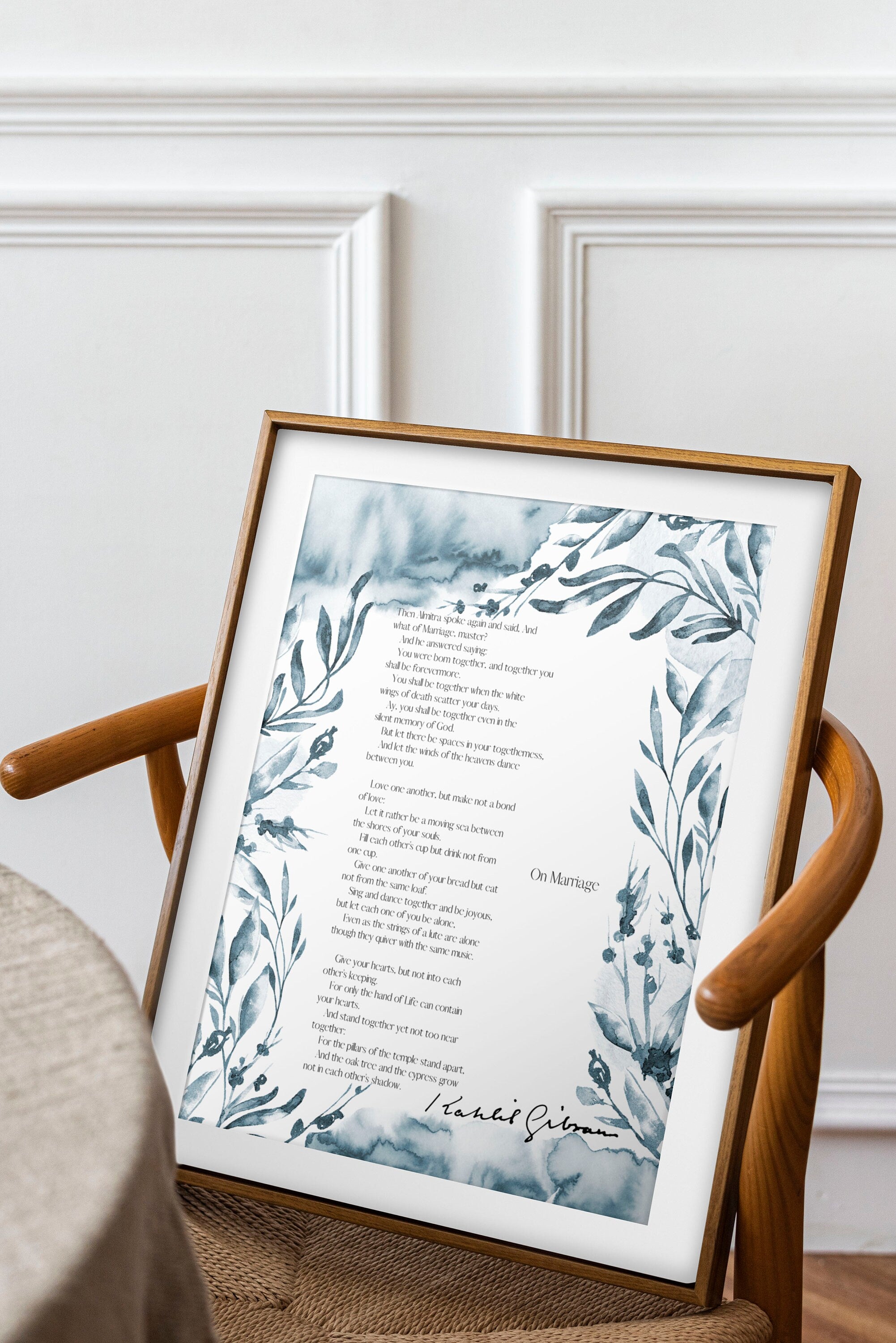 Kahlil Gibran On Marriage Poem Wall Art Print Framed or Unframed with Watercolor Botanical Detail, Love Poetry Literary Wall Art Decor