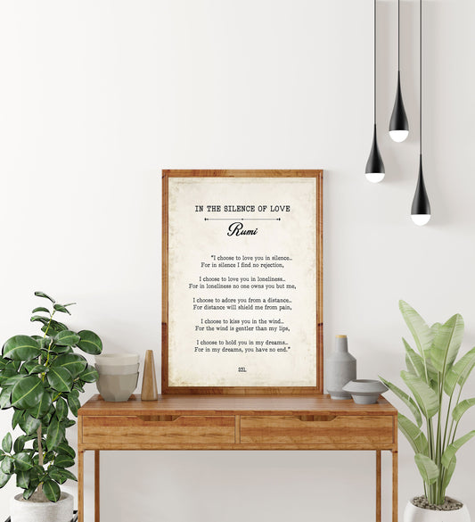 Rumi Love Quote Print – In the Silence of Love Poem Poster – Romantic Sufi Wall Art – Vintage Style Book Page