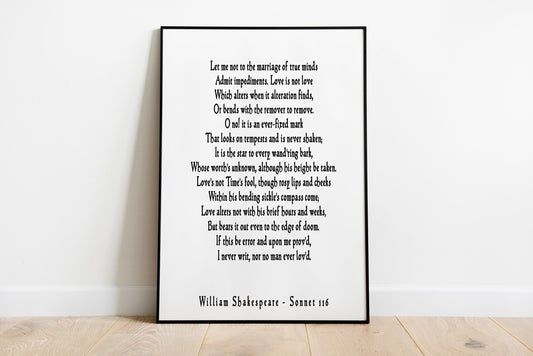 Shakespeare Sonnet 116 Print Let Me Not To The Marriage Of True Minds Literary Love Poem Black Or White Background Romantic Gift For Couples