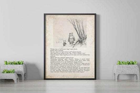 Difficult Days Winnie the Pooh Quote Unframed or Framed Nursery Wall Art Prints in Vintage Style with Pooh & Piglet Drawing, AA Milne