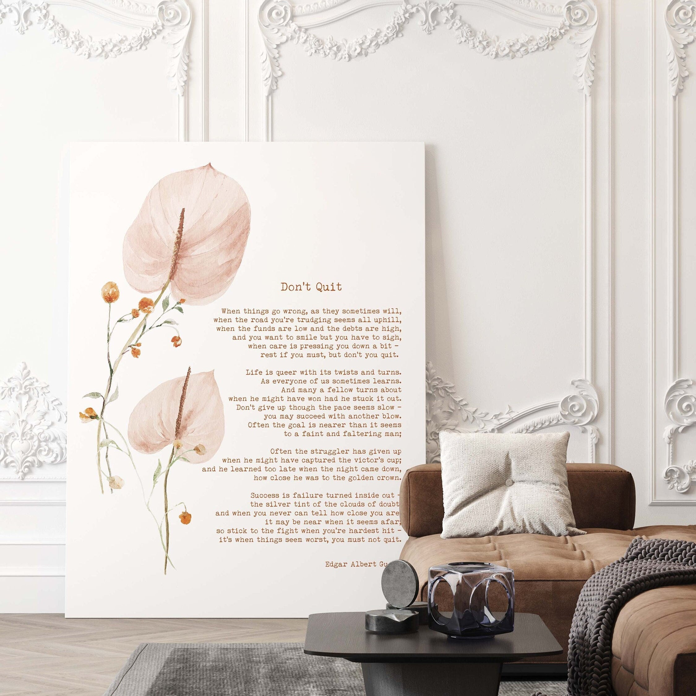 Edgar Albert Guest Don’t Quit Poem Print | Watercolour Floral Wall Art | Motivational Poetry Quote Poster in White, Black