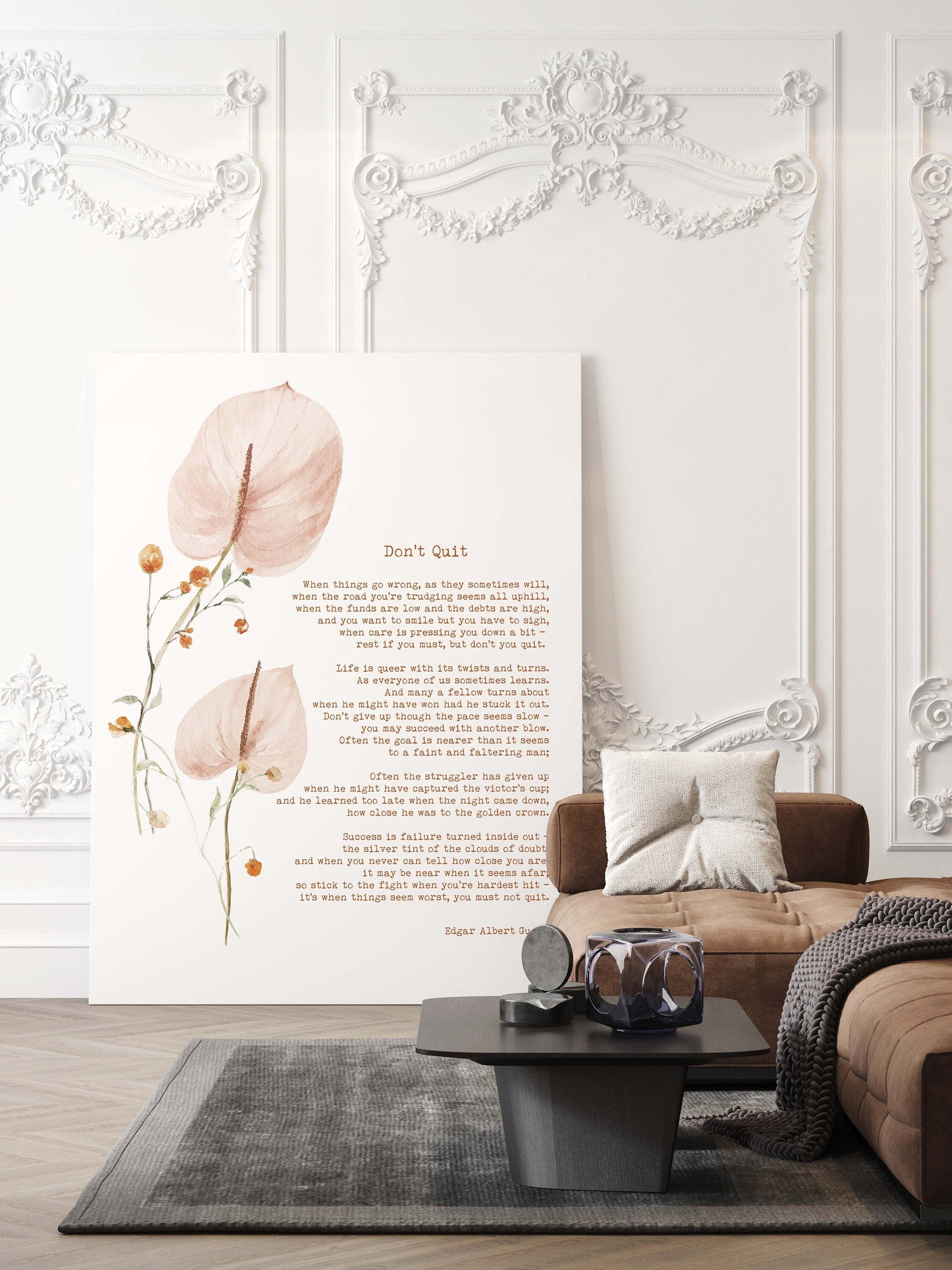 Edgar Albert Guest Don’t Quit Poem Print | Watercolour Floral Wall Art | Motivational Poetry Quote Poster in White, Black