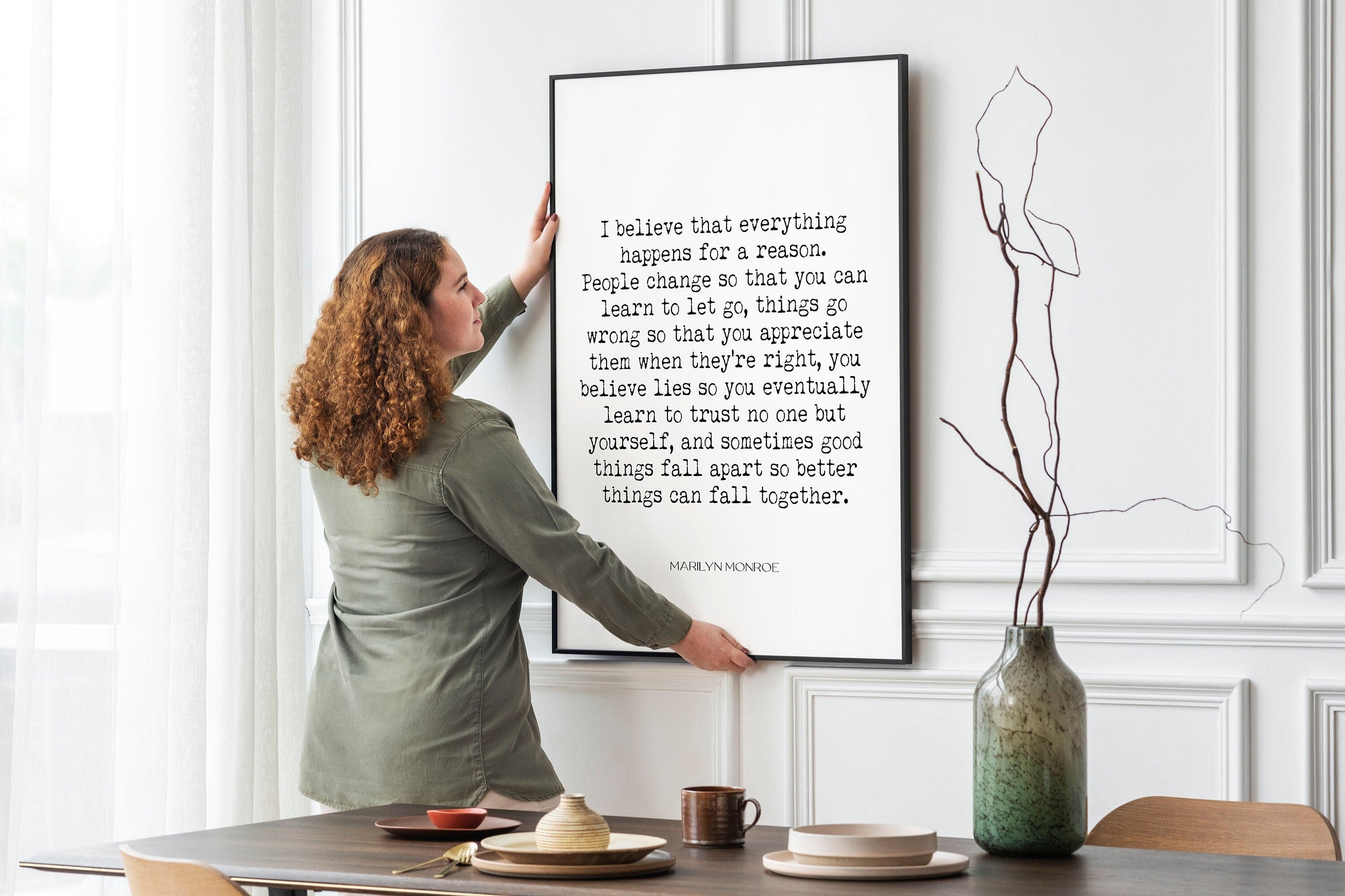 Marilyn Monroe Quote Print – “Everything Happens for a Reason” Literary Wall Art