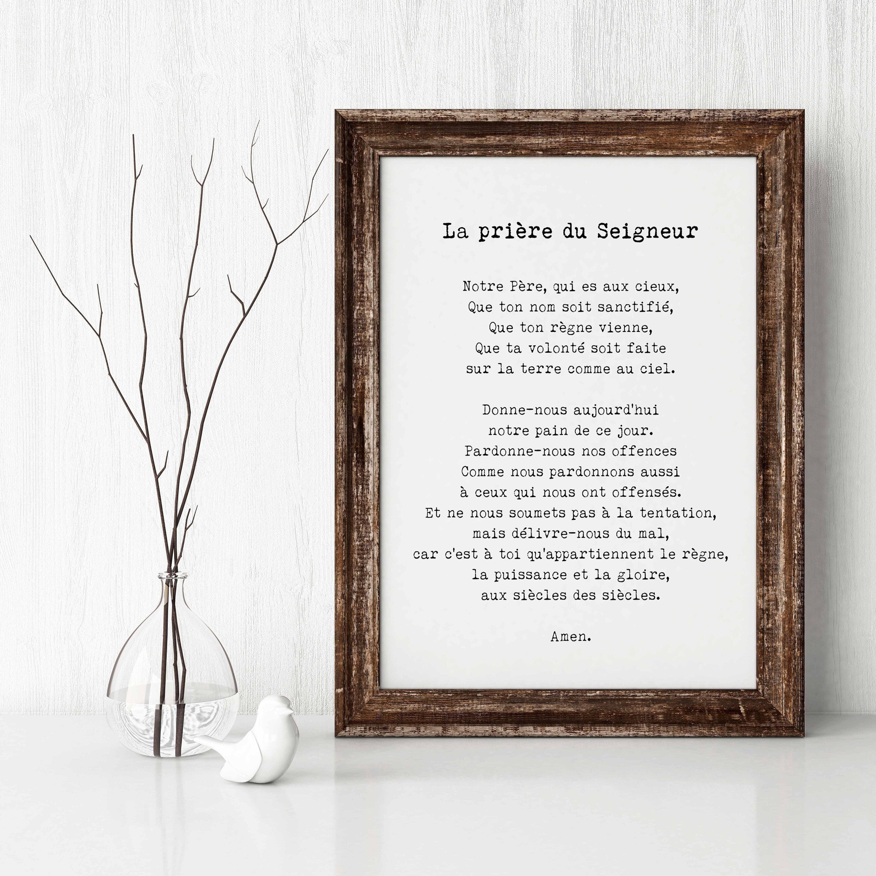 French Lord’s Prayer Print – La Prière du Seigneur in Vintage Typewriter Font, Catholic Christian Wall Art