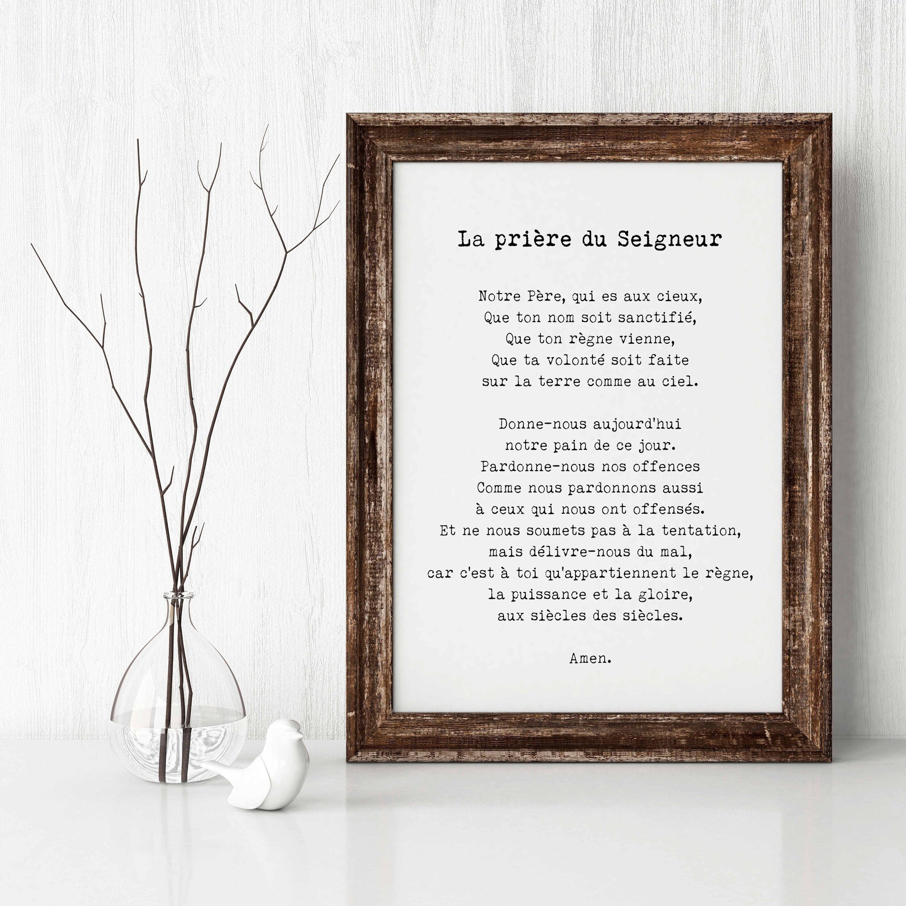 French Lord’s Prayer Print – La Prière du Seigneur in Vintage Typewriter Font, Catholic Christian Wall Art